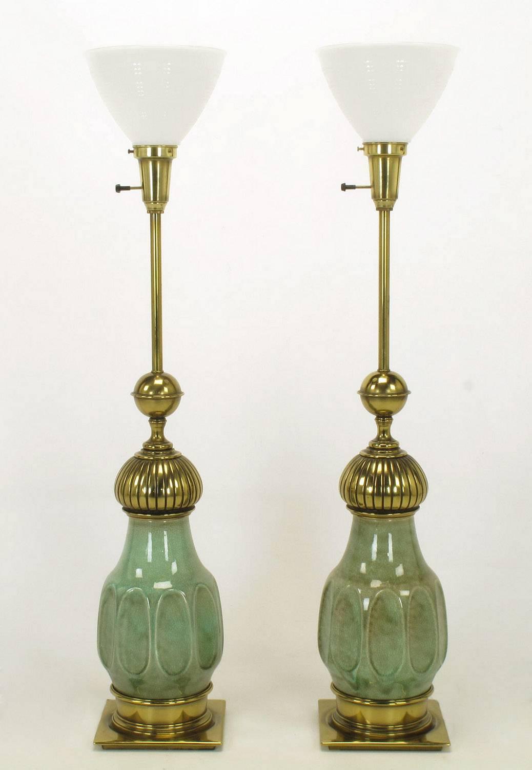 Pair of Stiffel Sea Foam Green Crackle Glaze and Brass Moorish Style