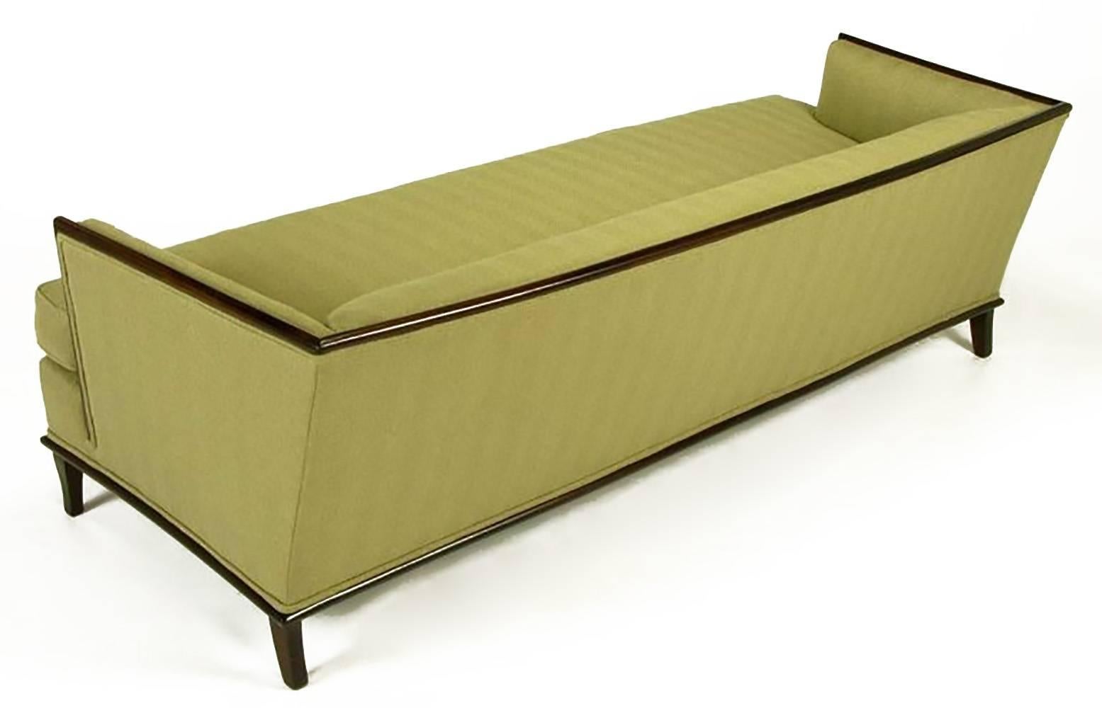 Mid-Century Modern Sleek Mahogany Even-Arm Sofa in Sage Herringbone