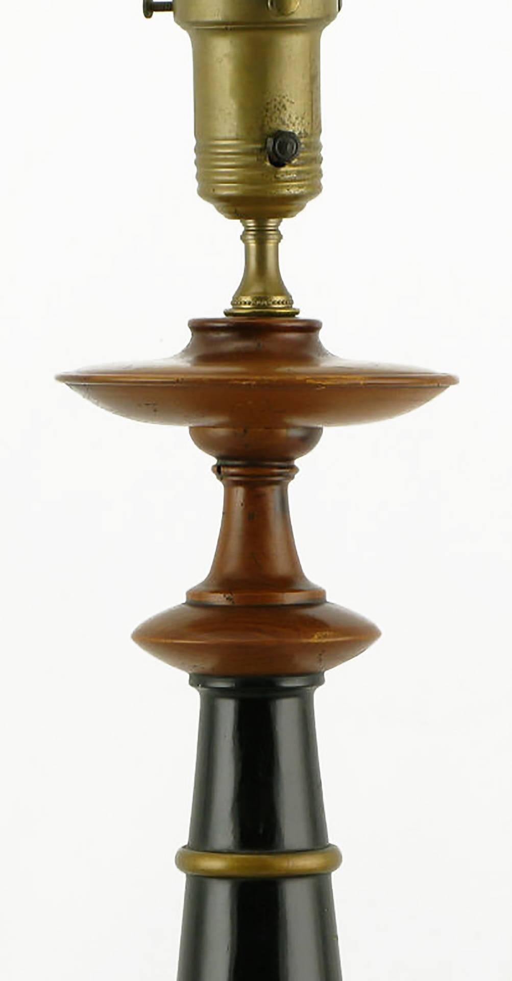 American Pair Rembrandt Wood, Black Lacquer & Gilt Regency Table Lamps For Sale
