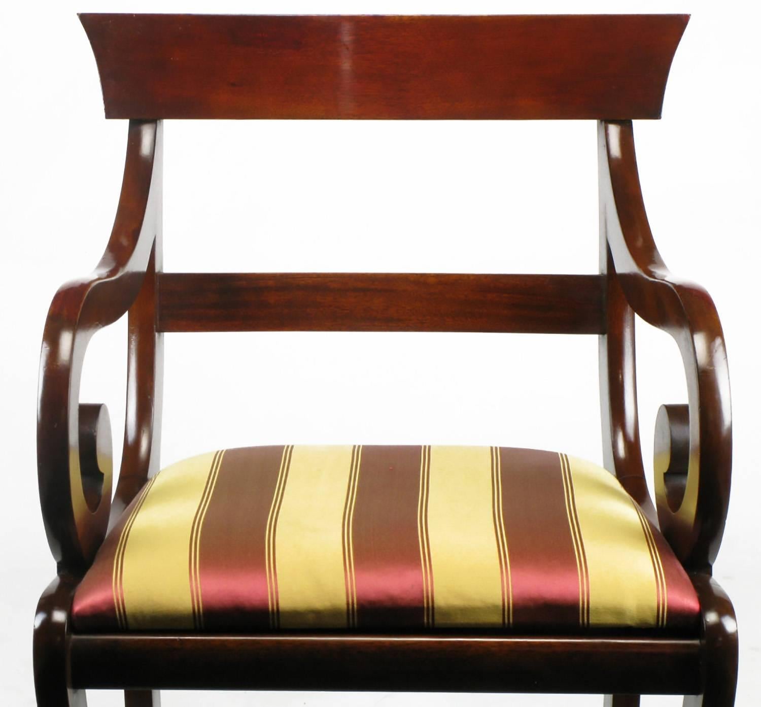 Mid-20th Century Four Mahogany Regency Scrolled Arm Dining Chairs