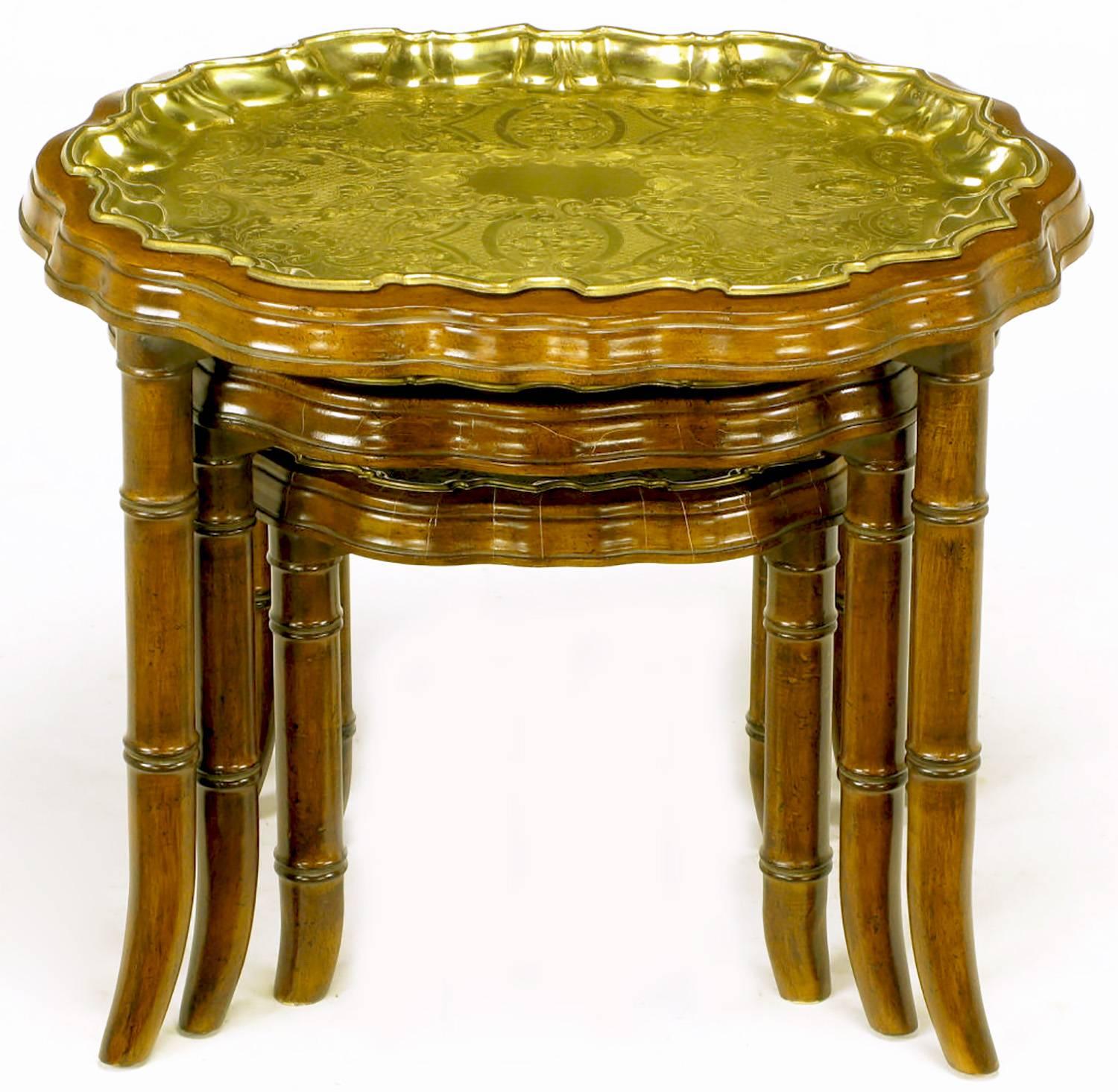 American Three Carved Walnut and Etched Brass Tray Nesting Tables