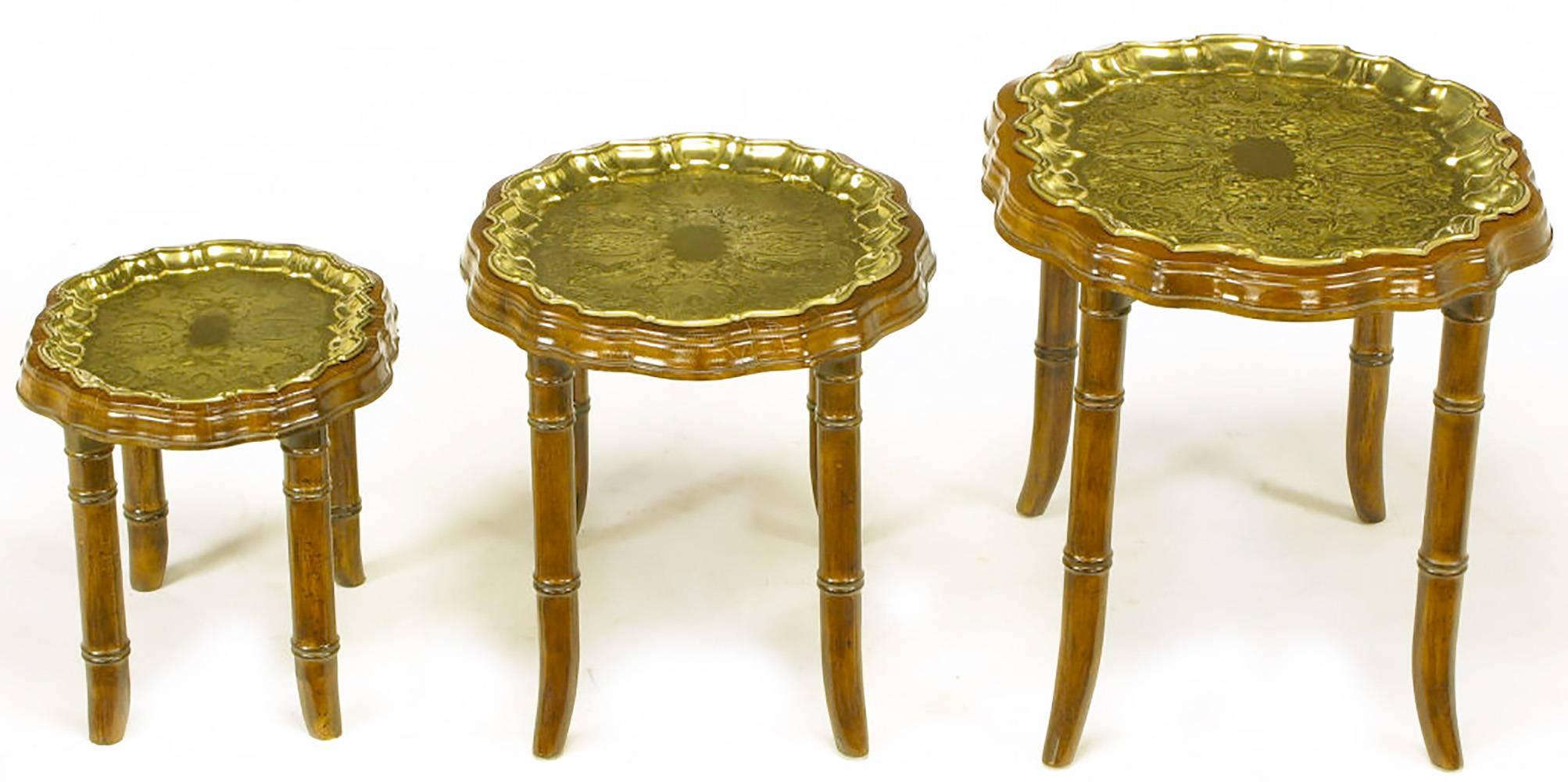 Three Carved Walnut and Etched Brass Tray Nesting Tables In Excellent Condition In Chicago, IL
