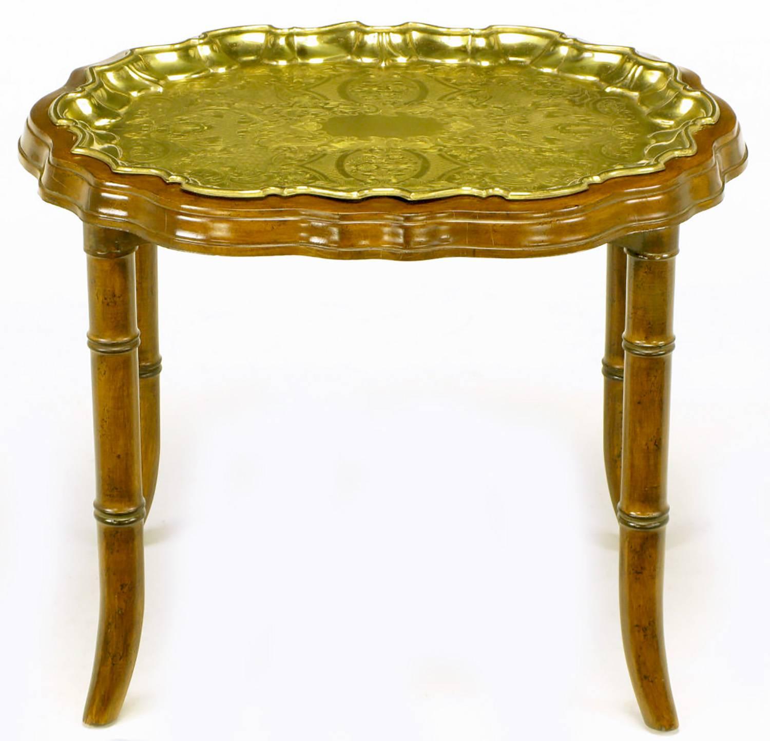 Mid-20th Century Three Carved Walnut and Etched Brass Tray Nesting Tables