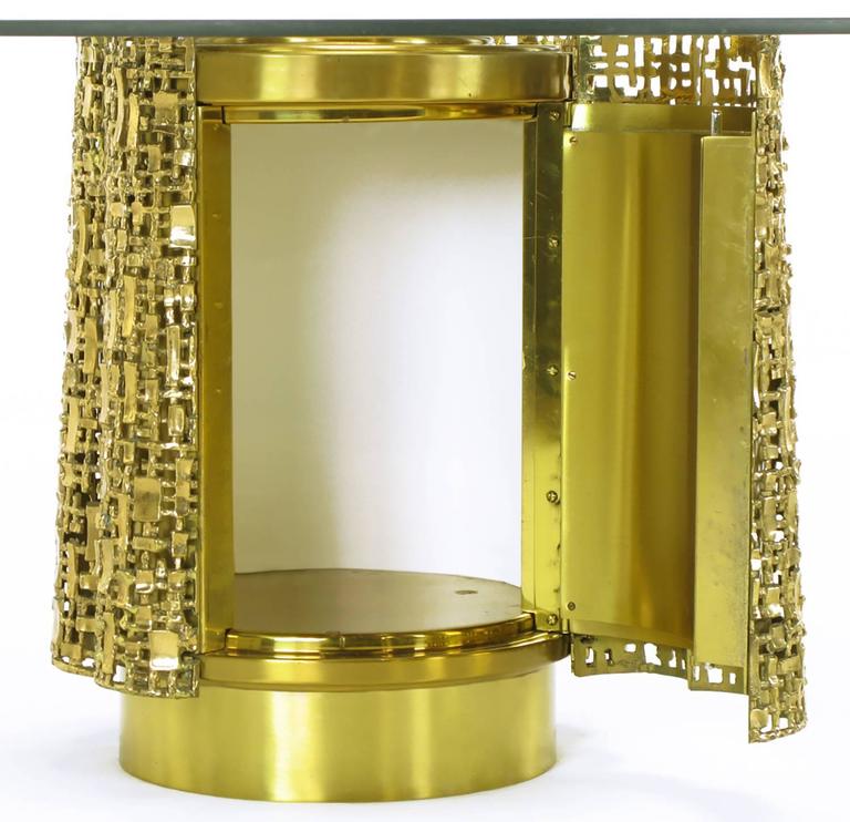 Glass Coffee Table with Base of Solid Brass Pierced Brutalist Relief