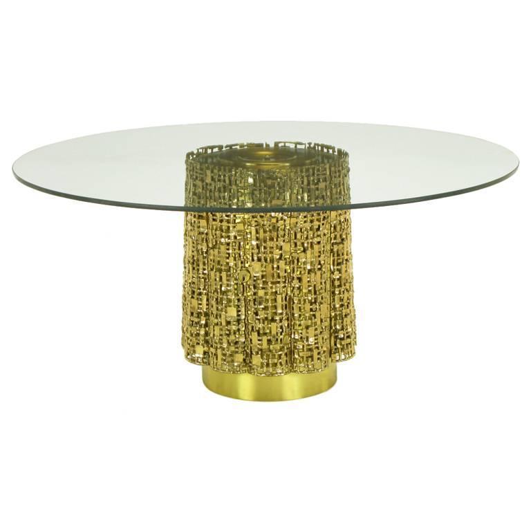 Glass Coffee Table with Base of Solid Brass Pierced Brutalist Relief