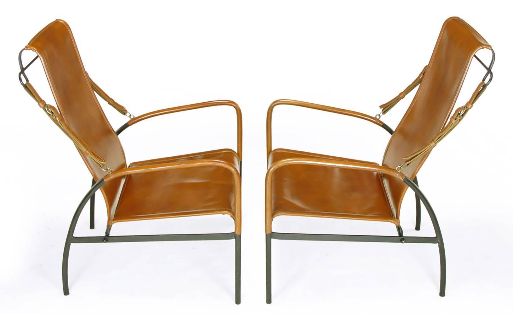 American Pair of Custom Leather and Wrought Iron Lounge Chairs after Jacques Adnet