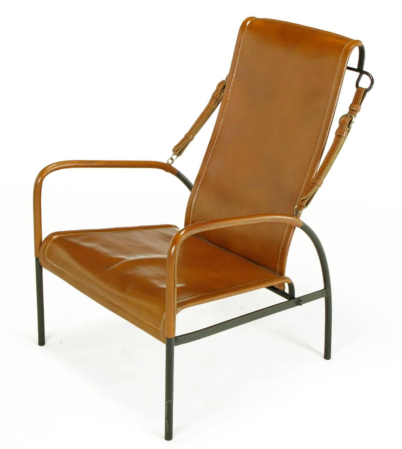 Mid-20th Century Pair of Custom Leather and Wrought Iron Lounge Chairs after Jacques Adnet