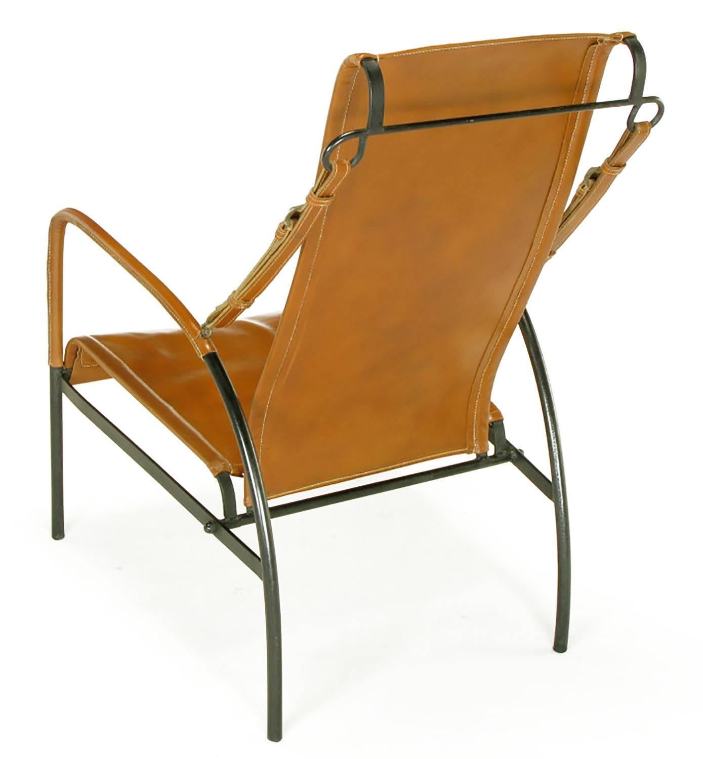 Brass Pair of Custom Leather and Wrought Iron Lounge Chairs after Jacques Adnet