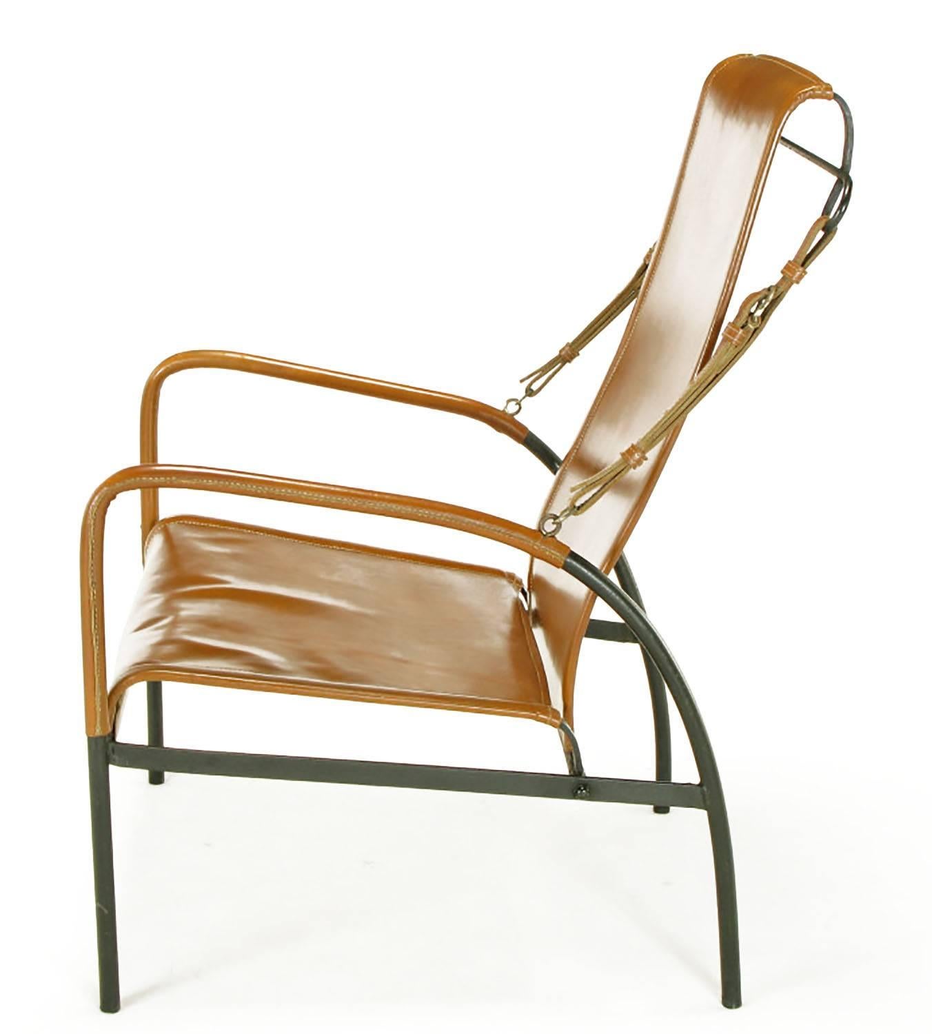 Pair of Custom Leather and Wrought Iron Lounge Chairs after Jacques Adnet 1