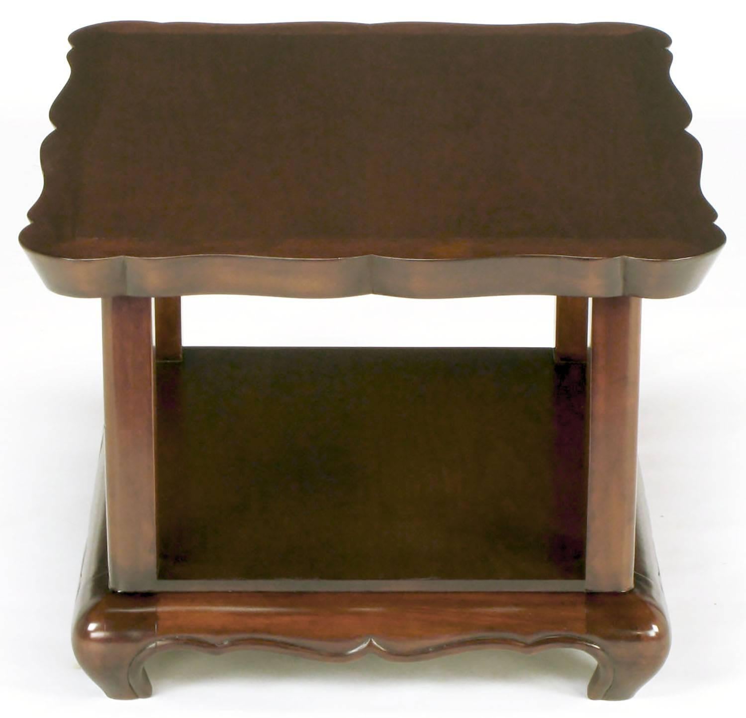 American Pair of Walnut End Tables with Scalloped Edge Tops For Sale