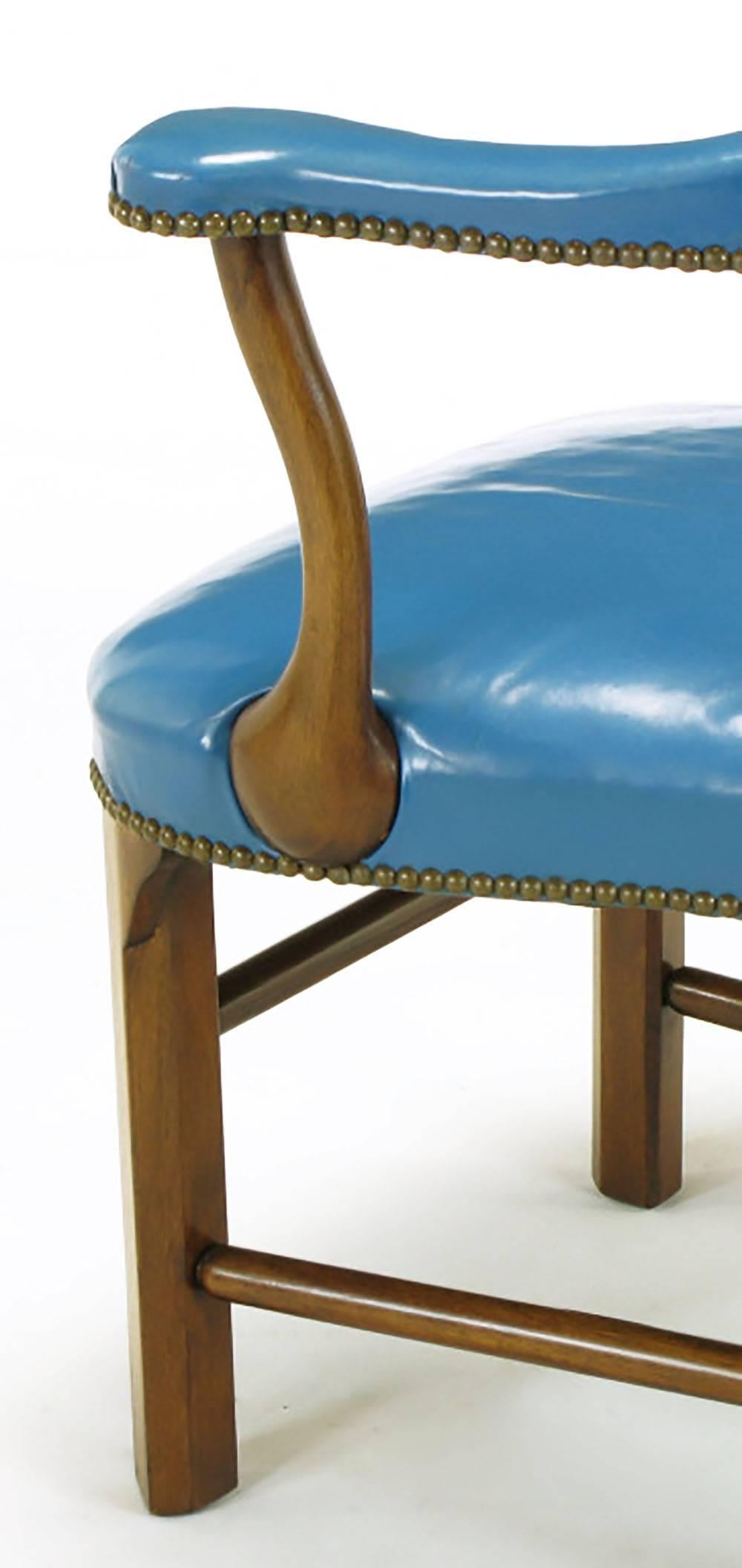 Mid-20th Century Pair of Barnard & Simonds Blue Leather and Mahogany Armchairs For Sale