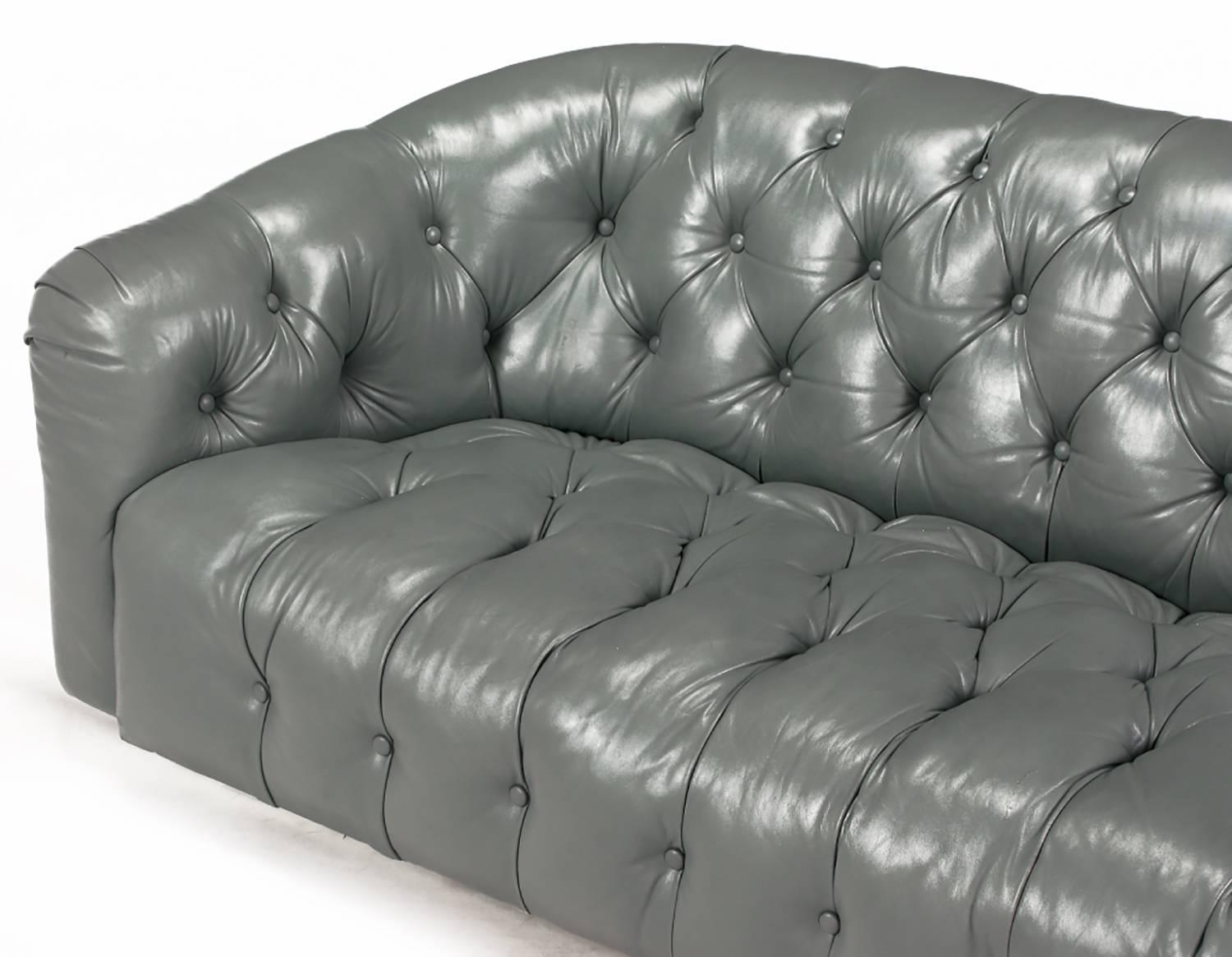 Baker Slate Grey Button-Tufted Leather Sofa In Good Condition In Chicago, IL