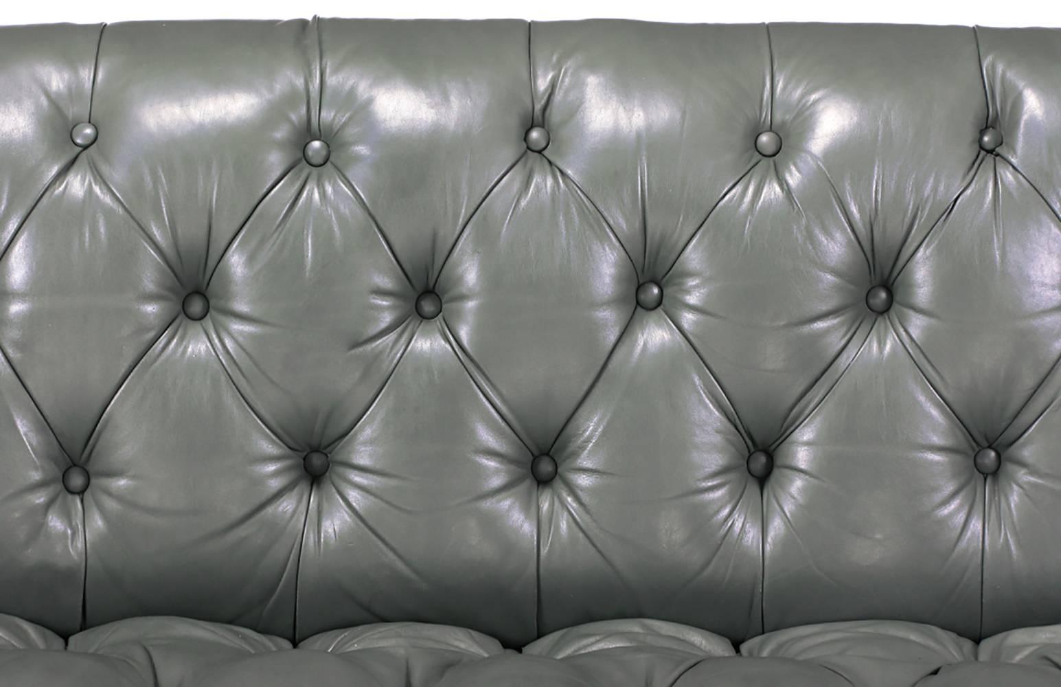 Mid-20th Century Baker Slate Grey Button-Tufted Leather Sofa