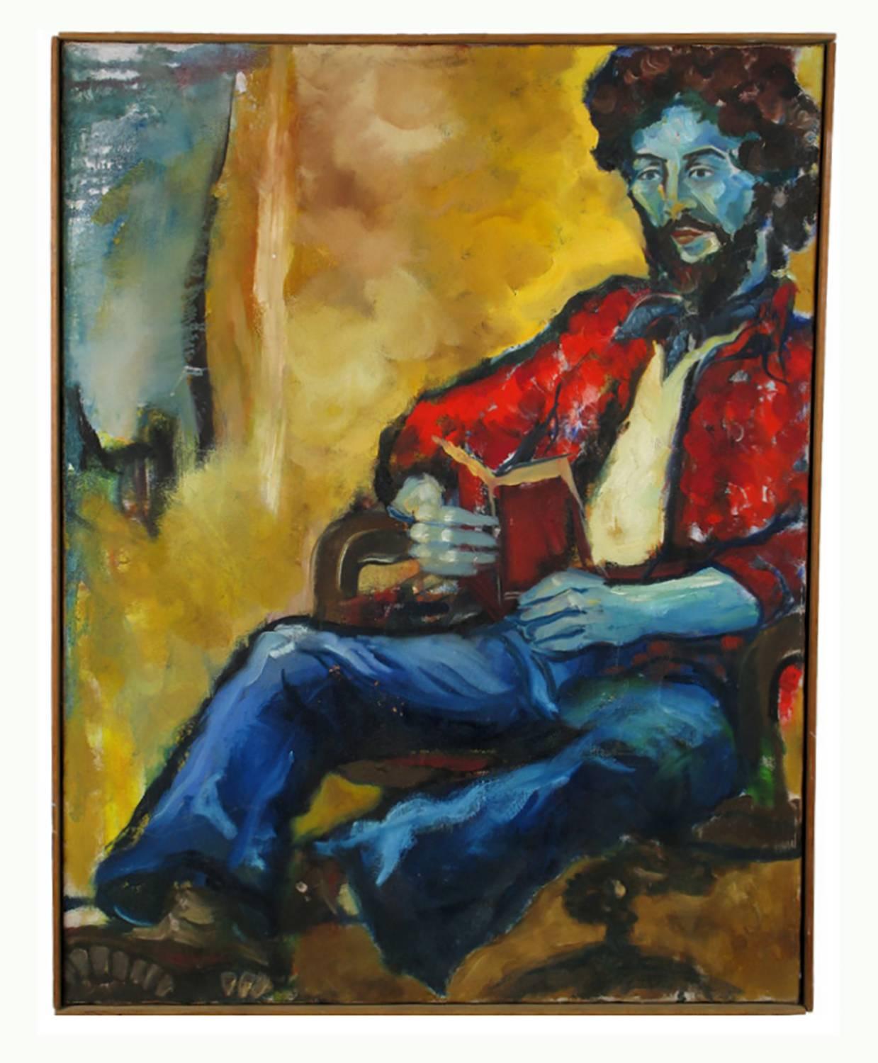 Expressionist portrait of a bearded young man in a red shirt and blue jeans, reading from a book. Signed An Hua Hsiung in verso. Rustic wood frame.