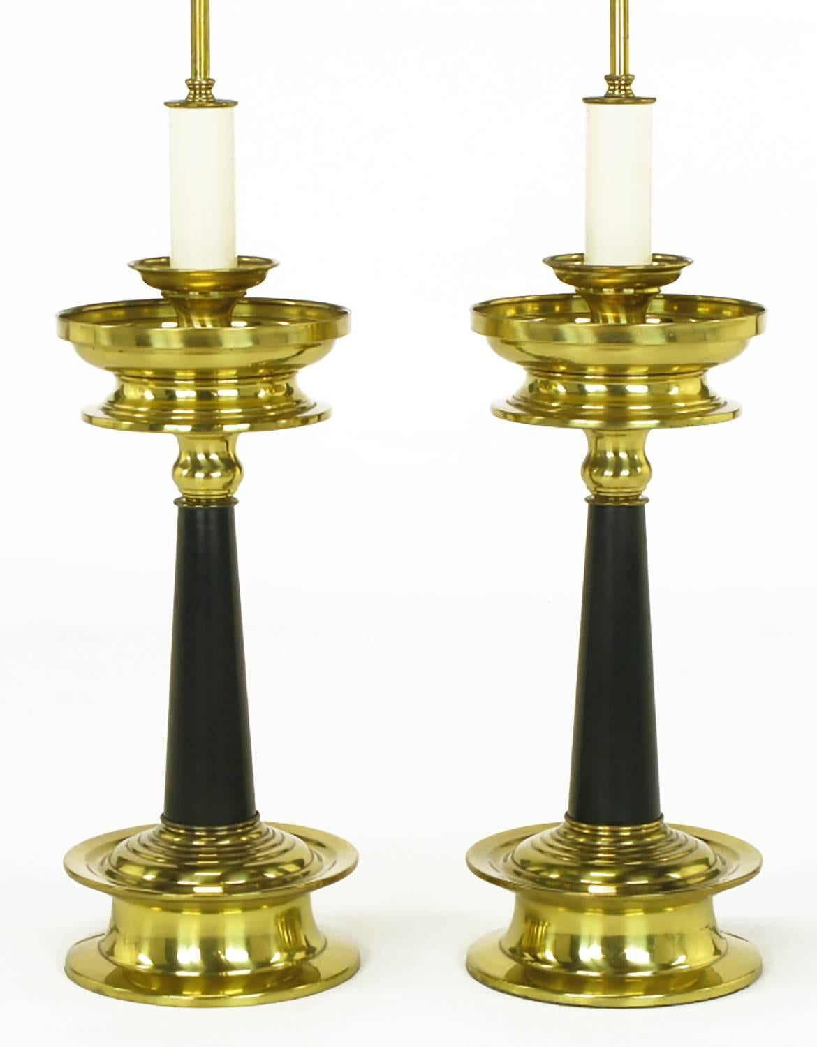 American Pair of Substantial Brass and Black Lacquer Table Lamps