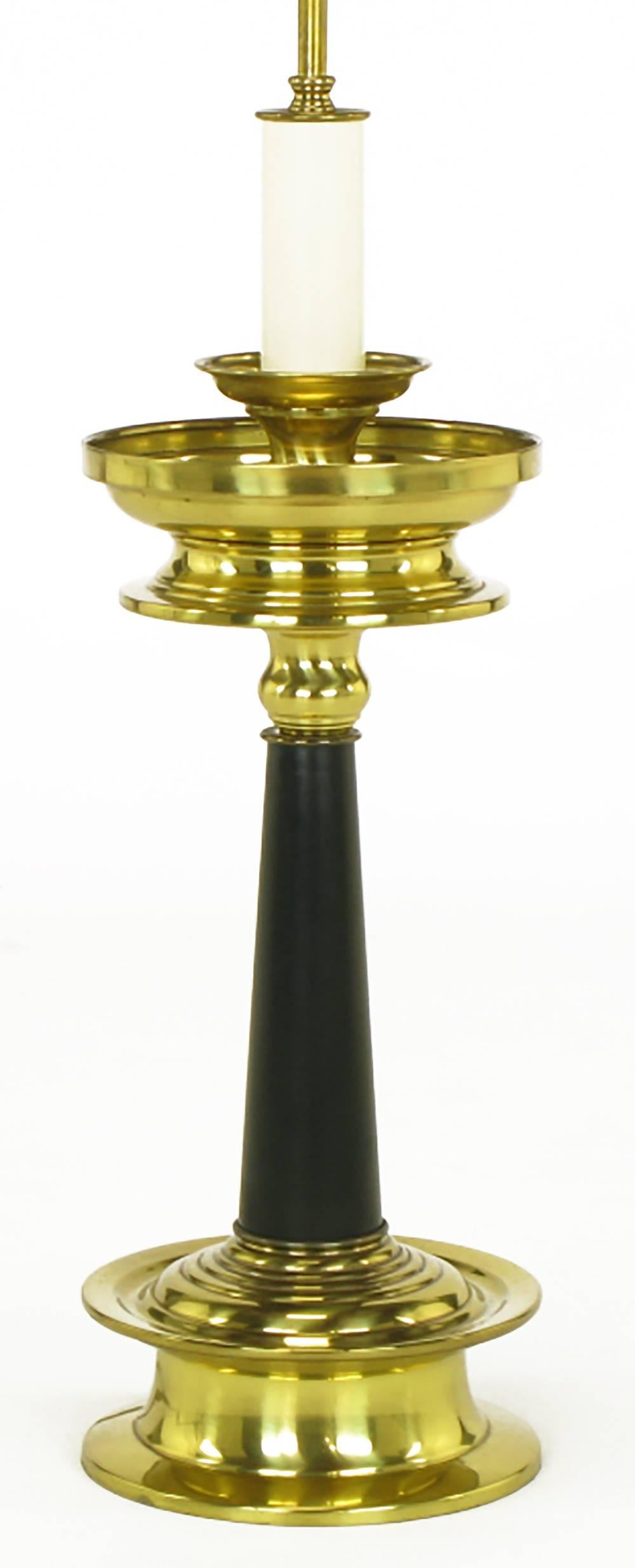 Lacquered Pair of Substantial Brass and Black Lacquer Table Lamps