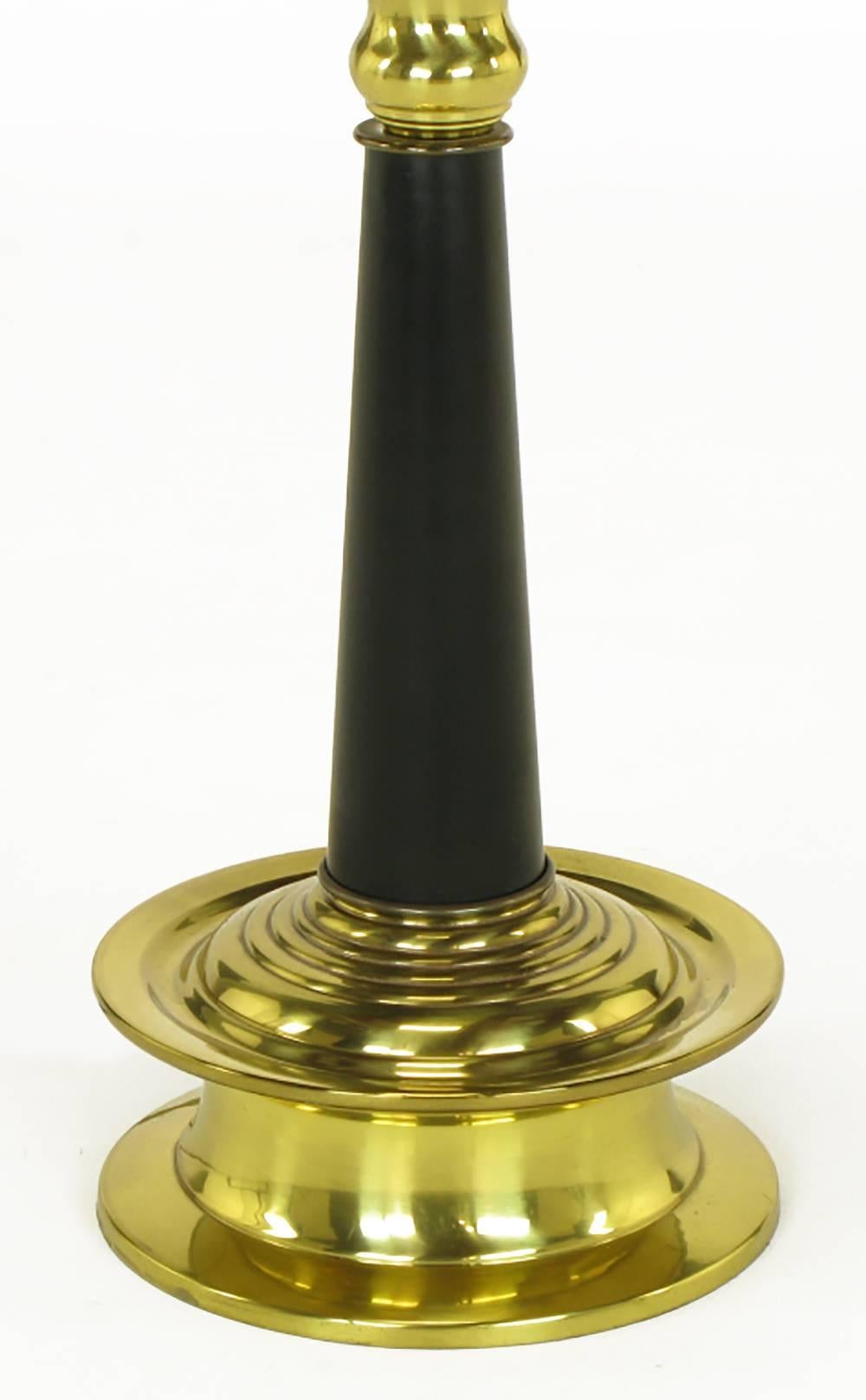 Mid-20th Century Pair of Substantial Brass and Black Lacquer Table Lamps