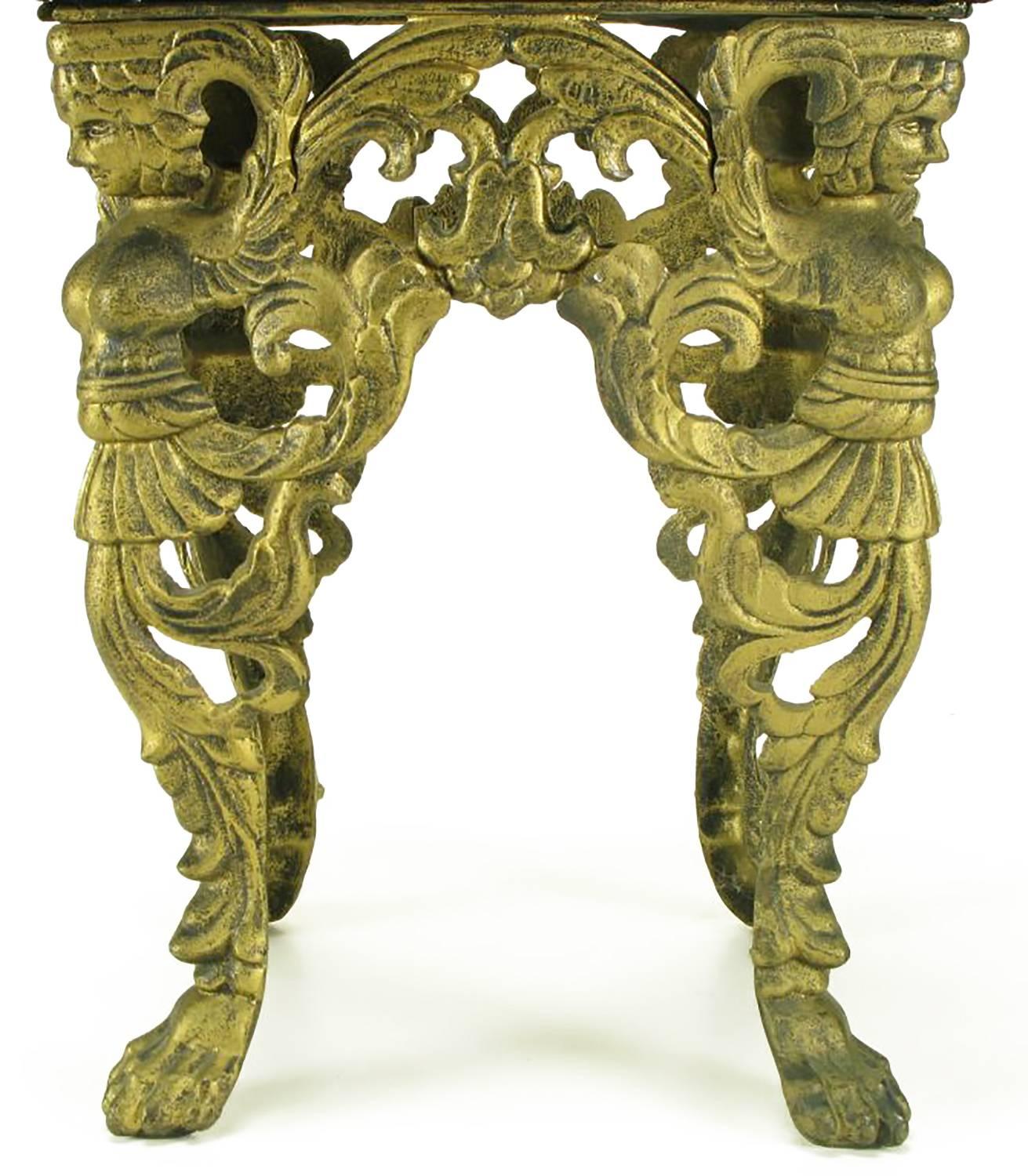 Early 20th Century Patinated Bronze Caryatids Iron Empire Style Bench For Sale