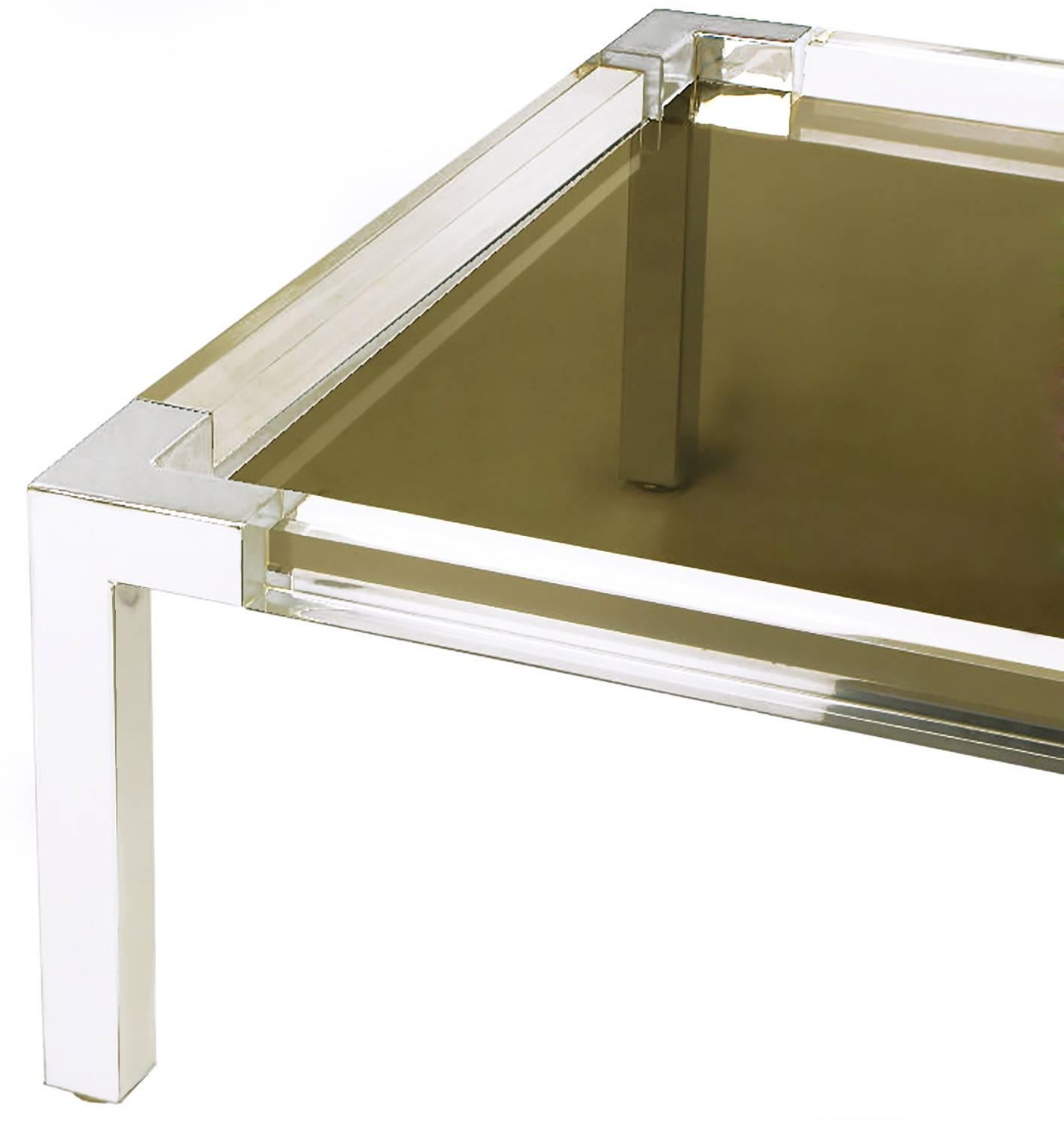 American Chrome and Lucite Coffee Table with Smoked Glass Top For Sale