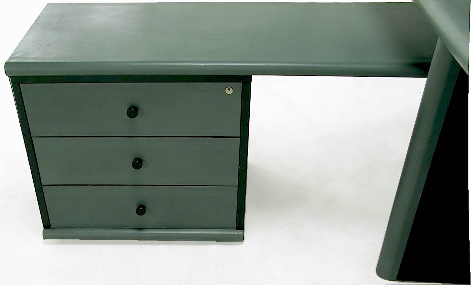 Italian Mariani for Pace Grey-Green Leather Executive Desk and Credenza For Sale