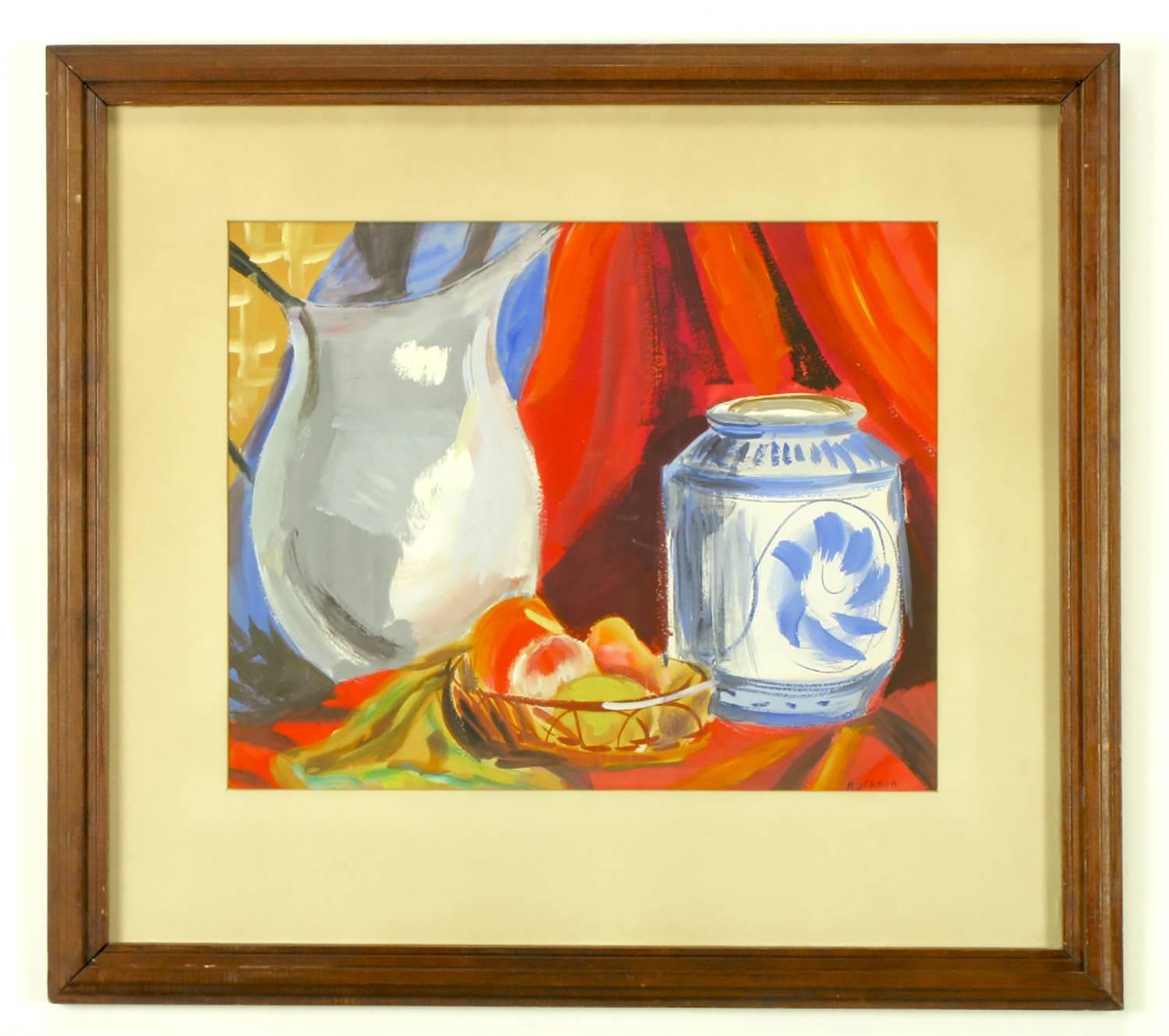 Vibrantly colored still life featuring a pitcher, a ceramic container and fruit in a wire bowl. Matted and framed, signed Hoffman.
 
 
 Framed 22.75