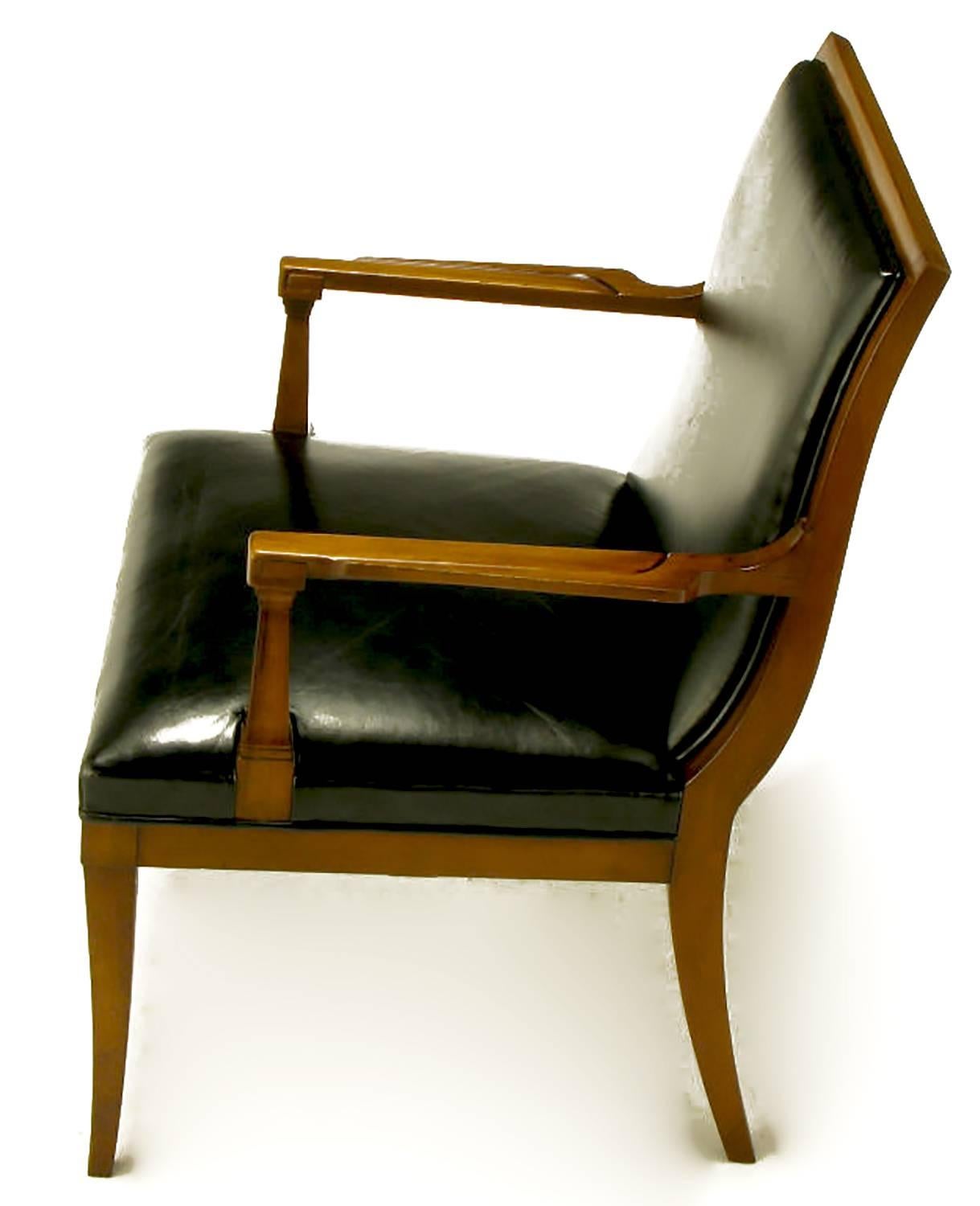American Pair of Stow Davis Black Leather and Walnut Sculptural Armchairs
