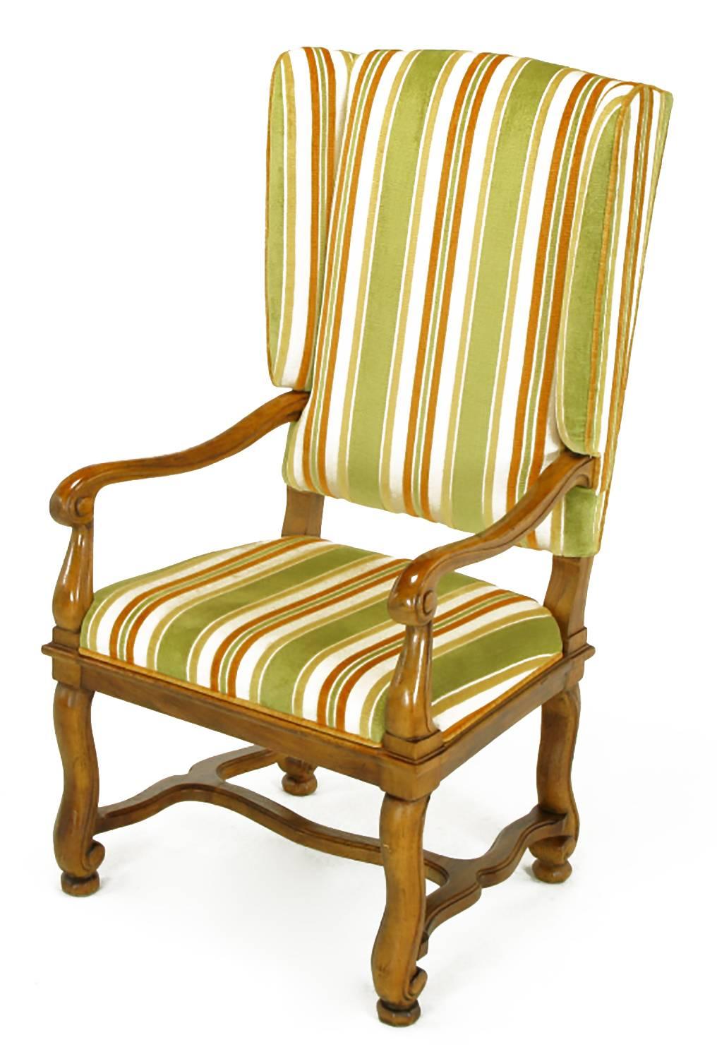 Mid-20th Century Pair of Heritage Walnut and Striped Velvet Louis XIV Wing Chairs For Sale