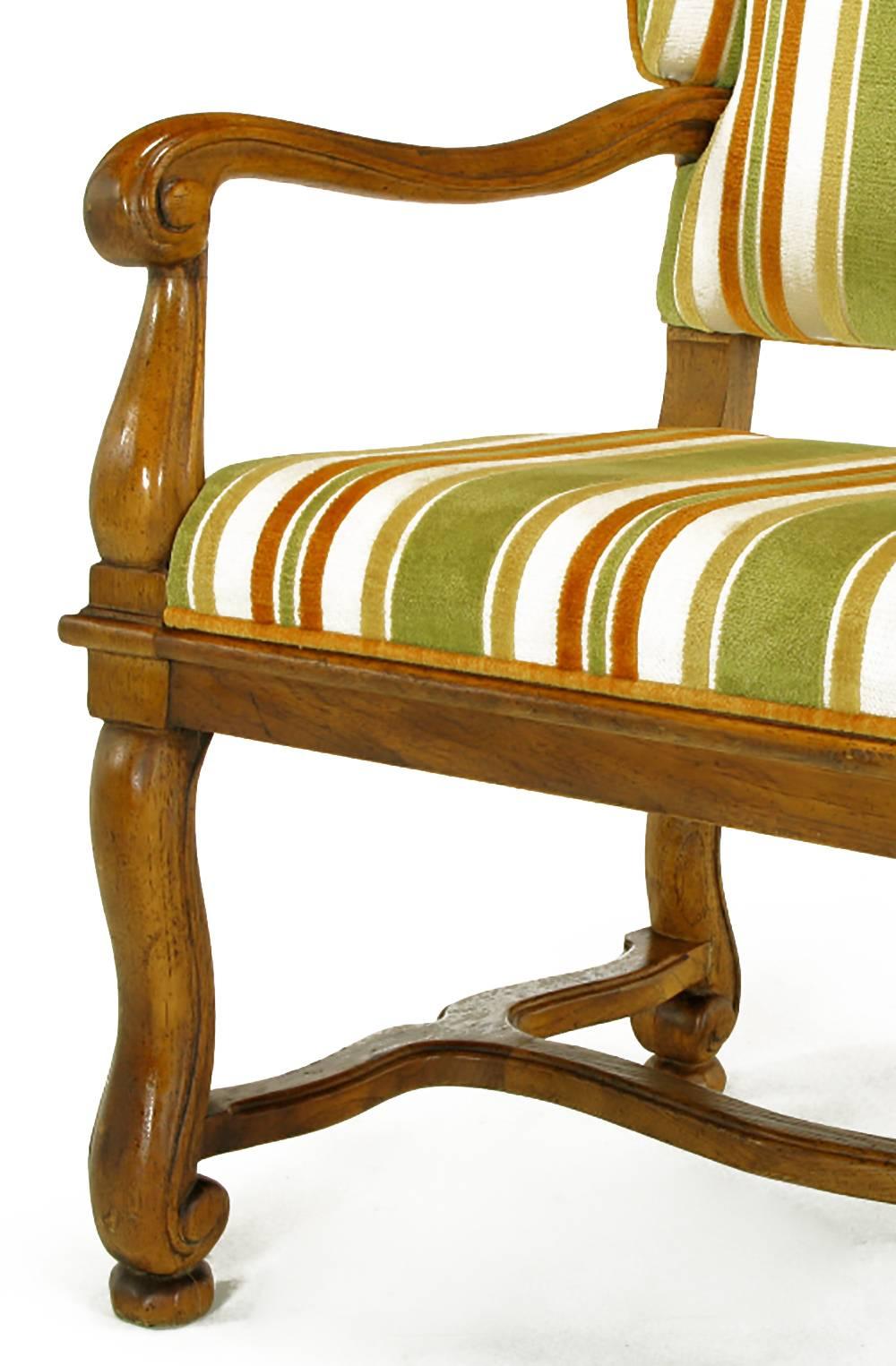 Pair of Heritage Walnut and Striped Velvet Louis XIV Wing Chairs For Sale 3
