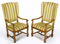 Pair of Heritage Walnut and Striped Velvet Louis XIV Wing Chairs