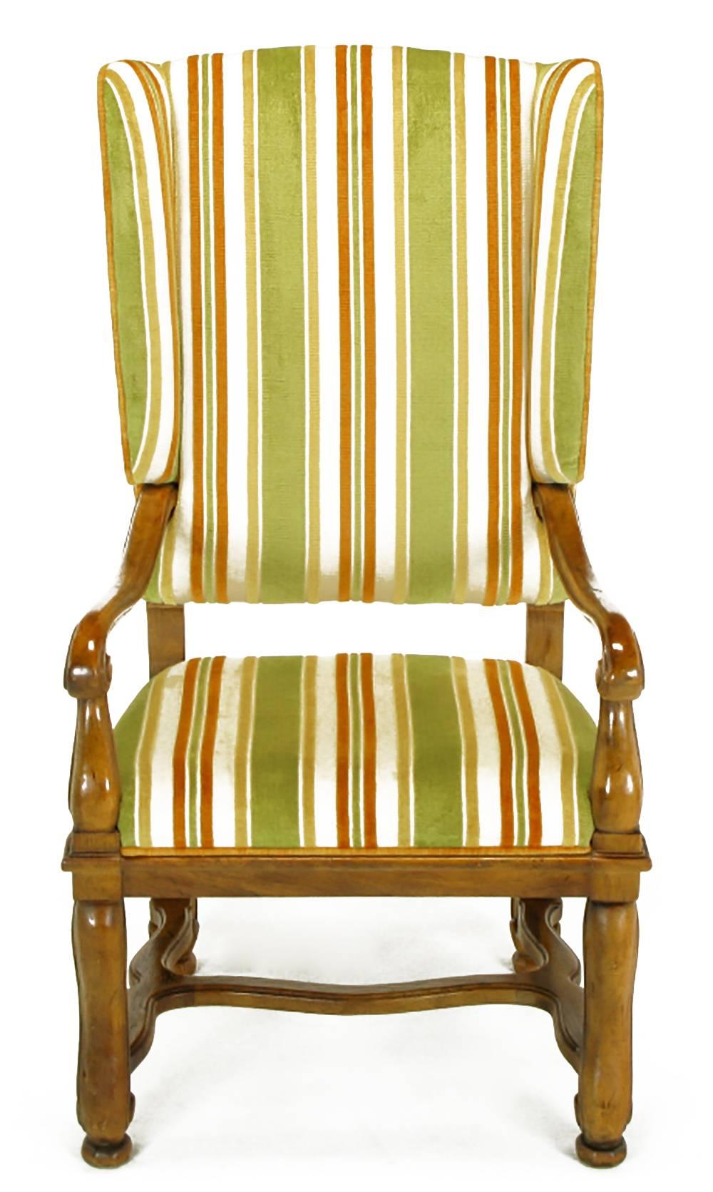 Pair of Heritage Walnut and Striped Velvet Louis XIV Wing Chairs In Good Condition For Sale In Chicago, IL