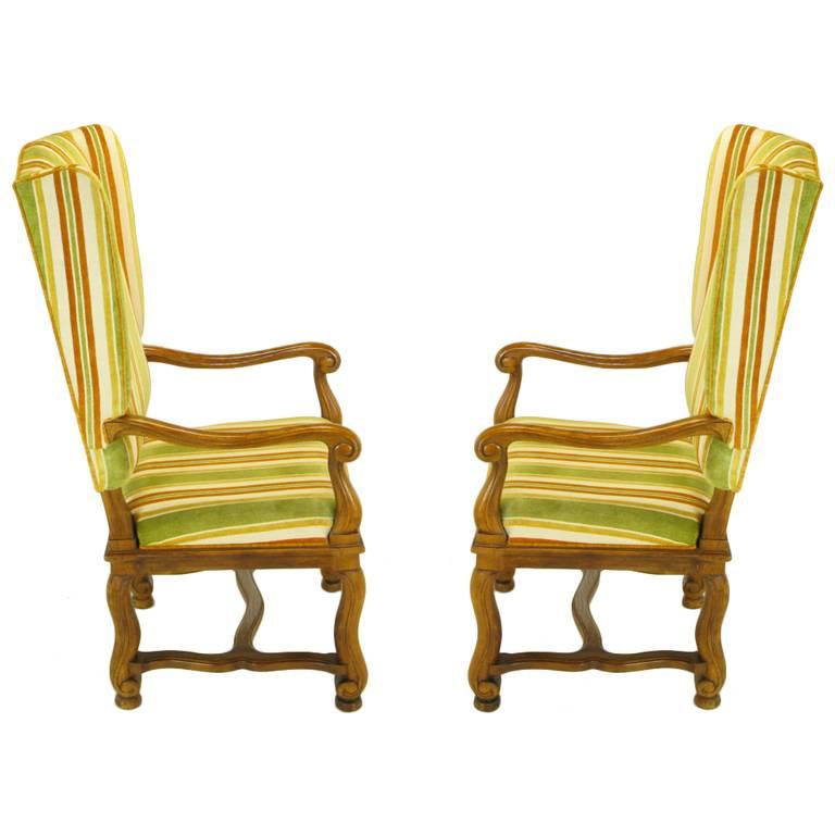 American Pair of Heritage Walnut and Striped Velvet Louis XIV Wing Chairs For Sale