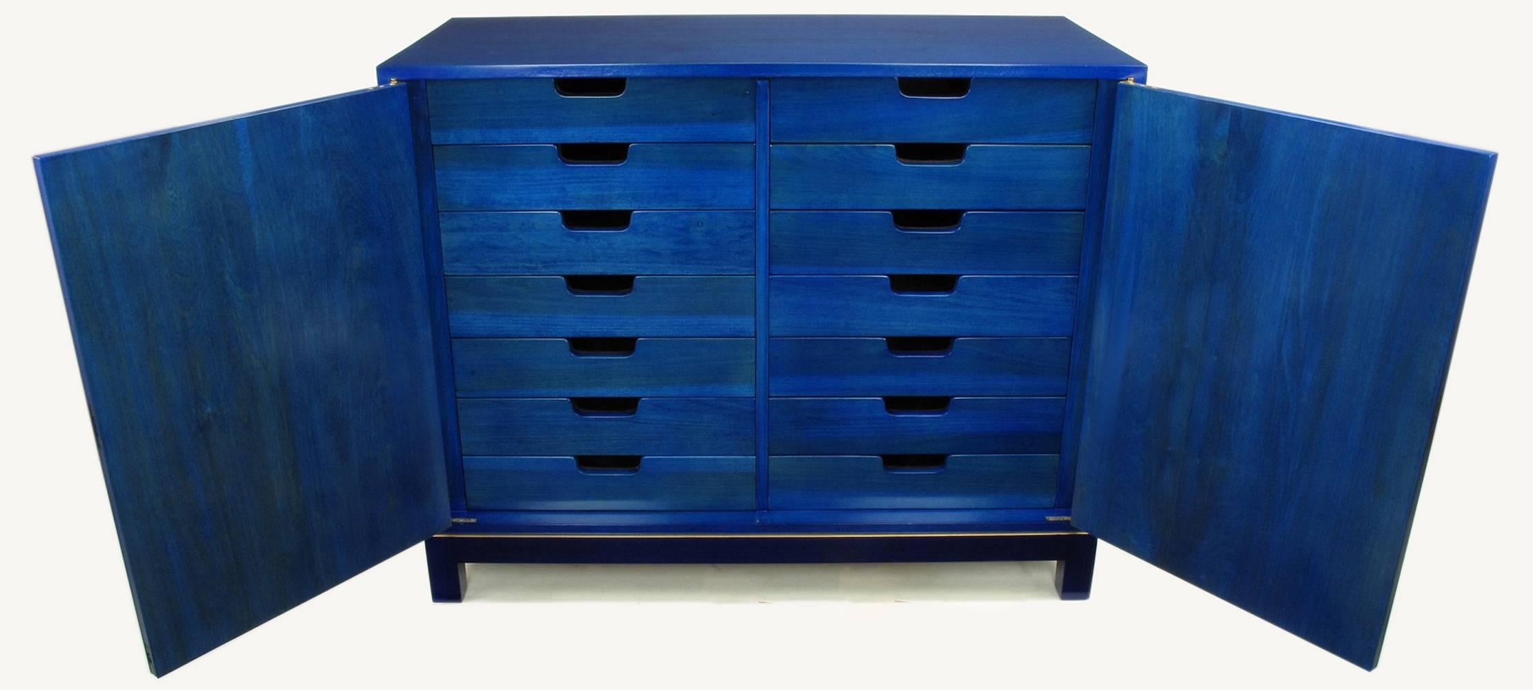 Giltwood Stunning Pair of 1940s Baker Sideboard Cabinets in Transparent Lapis Blue