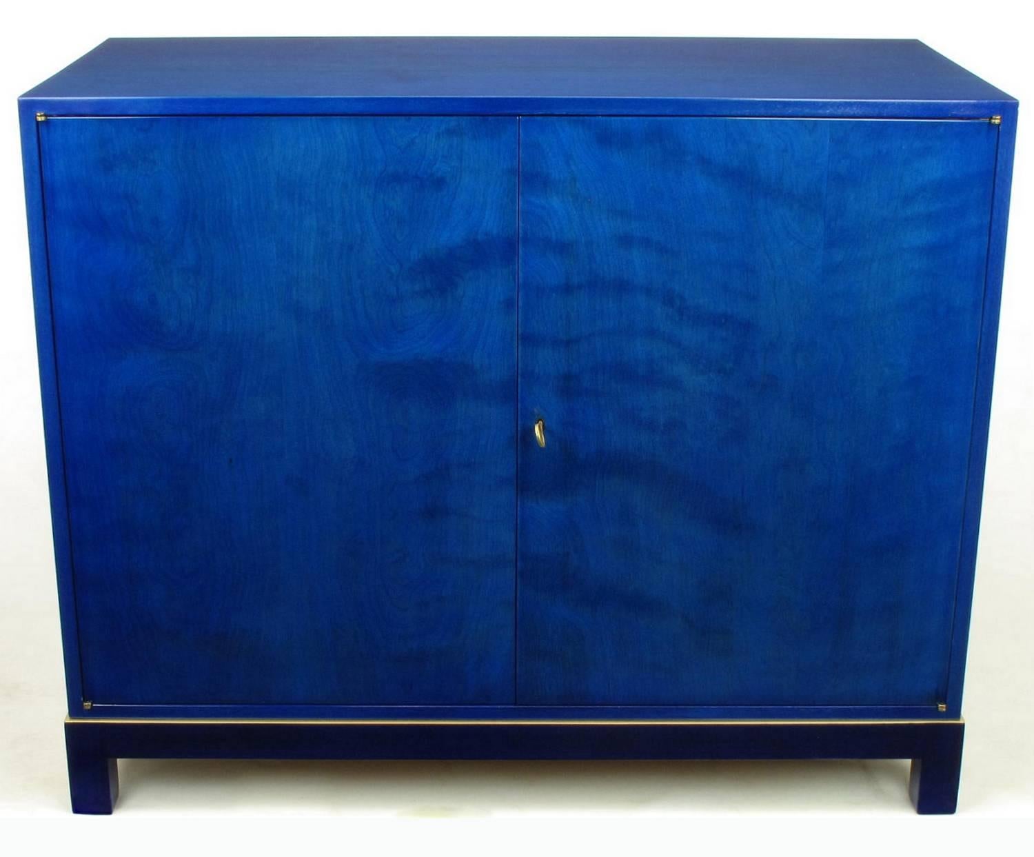 American Stunning Pair of 1940s Baker Sideboard Cabinets in Transparent Lapis Blue
