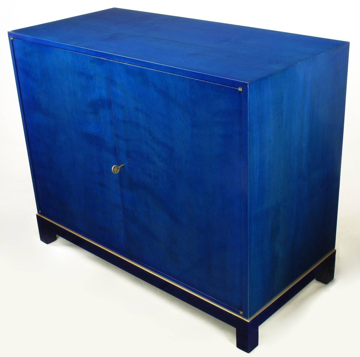 Stunning Pair of 1940s Baker Sideboard Cabinets in Transparent Lapis Blue In Excellent Condition In Chicago, IL