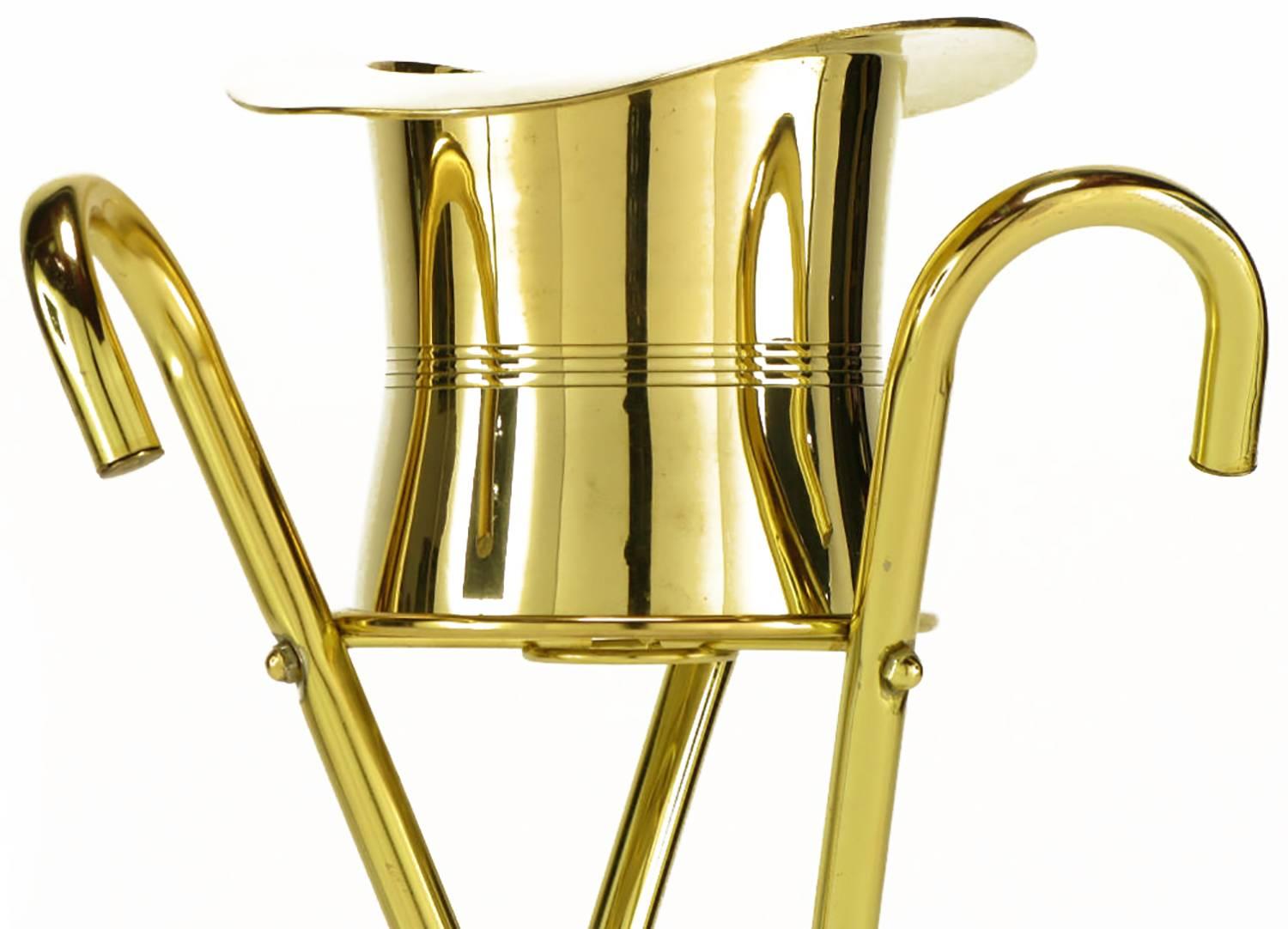 Late 20th Century Brass Top Hat Champagne Cooler on Brass Cane Tripod Stand