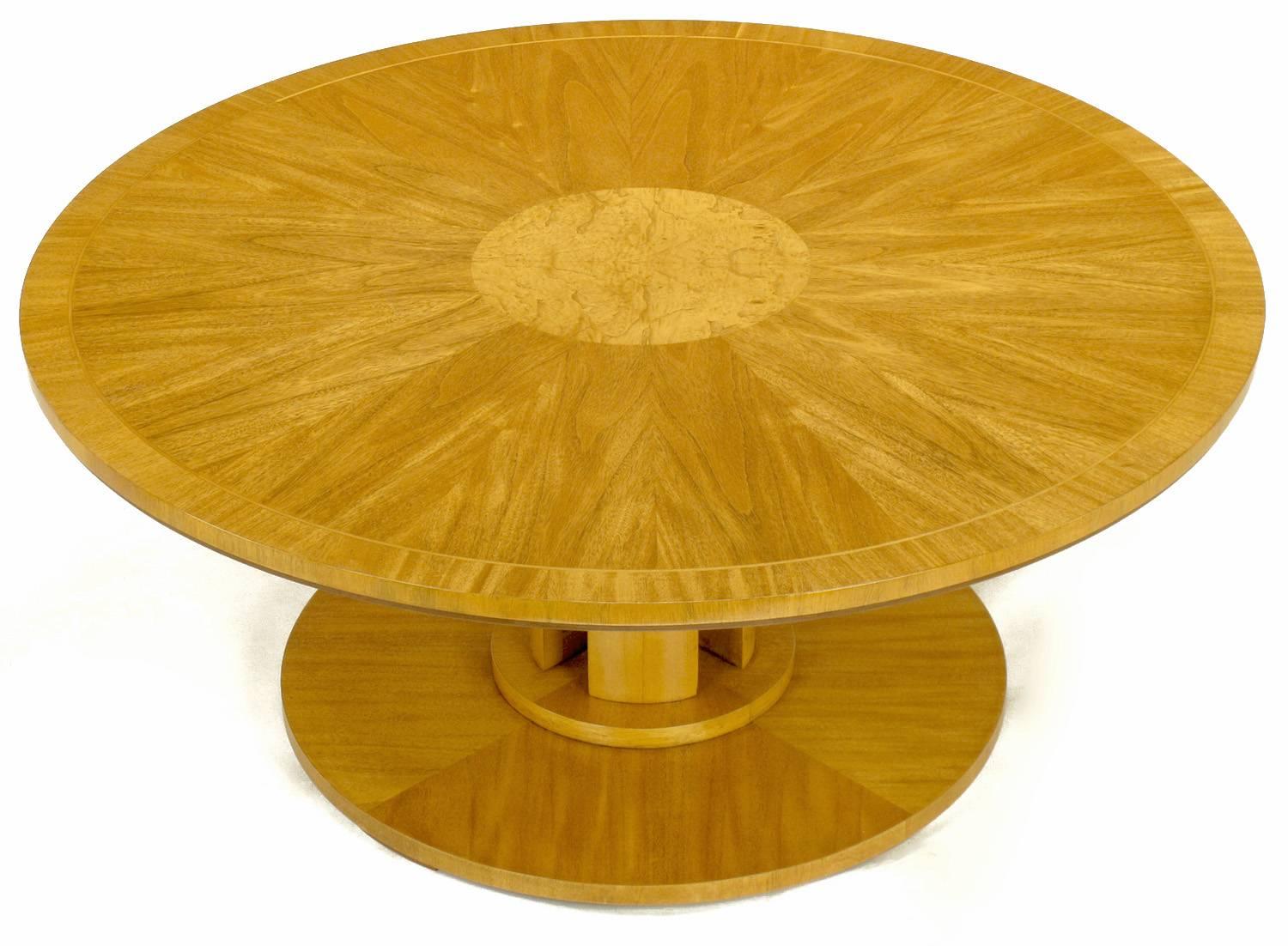 Rare Charles Pfister for Baker primavera mahogany coffee table with inlaid olive ash burl center disc. Open pedestal base, parquetry sunburst like top with contrasting grain border.