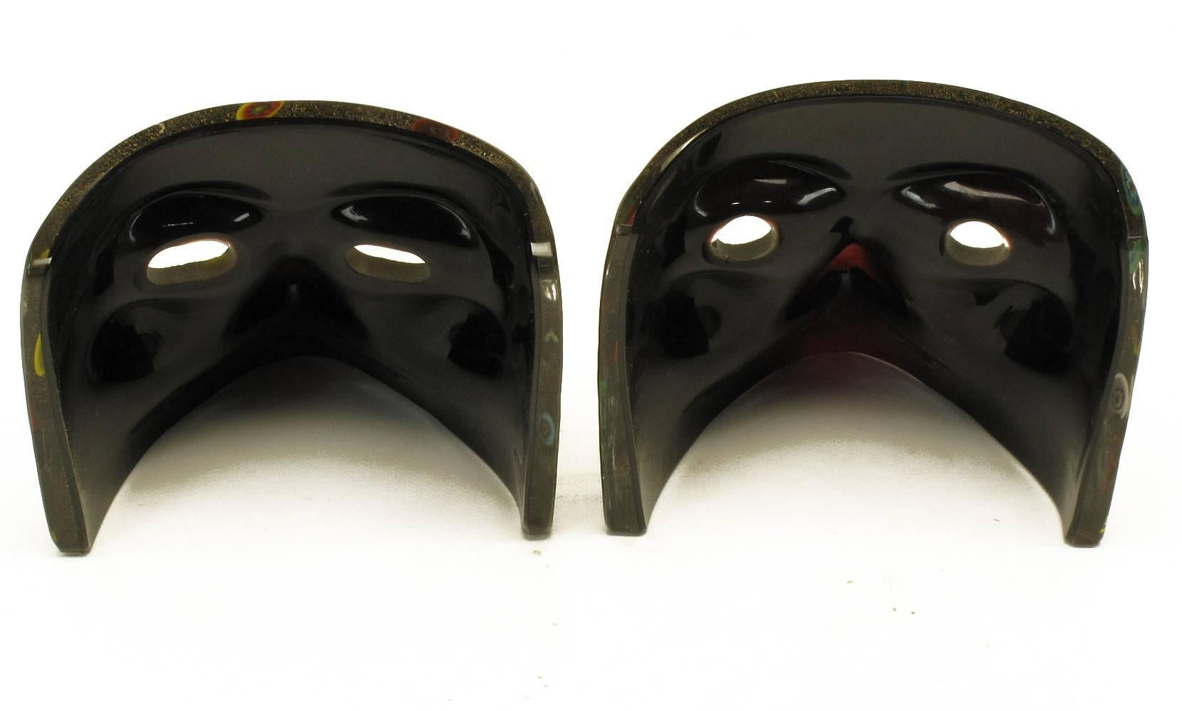 Handblown Gold Flecked and Fused Black Murano Glass Carnivale Masks In Excellent Condition For Sale In Chicago, IL