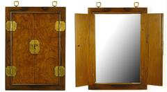 Burled Walnut and Ash Two-Door Enclosed Mirror with Brass Asian Hardware