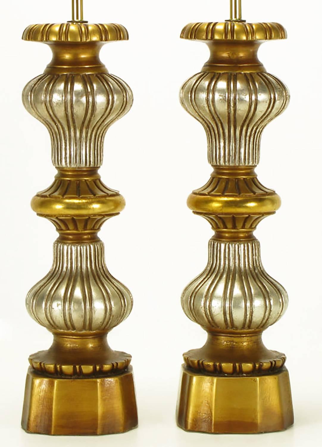 American Pair of Gilt and Silver Leaf Regency Table Lamps For Sale