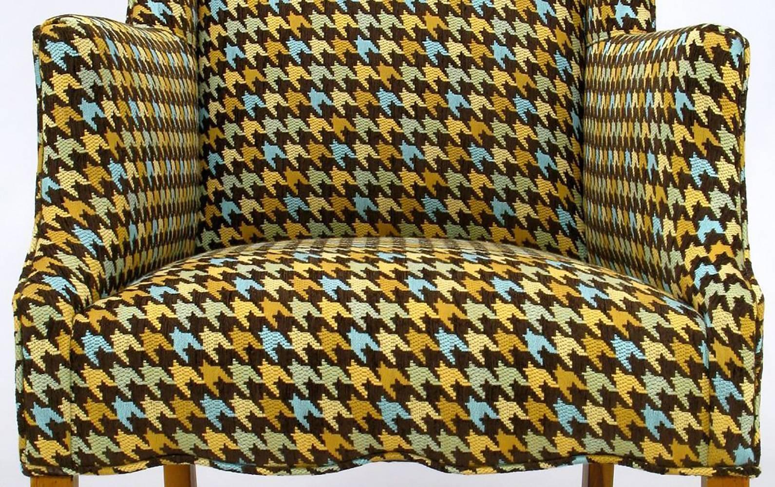 Mid-20th Century Pair of 1940s Wing Chairs in Colorful Overscaled Houndstooth Wool