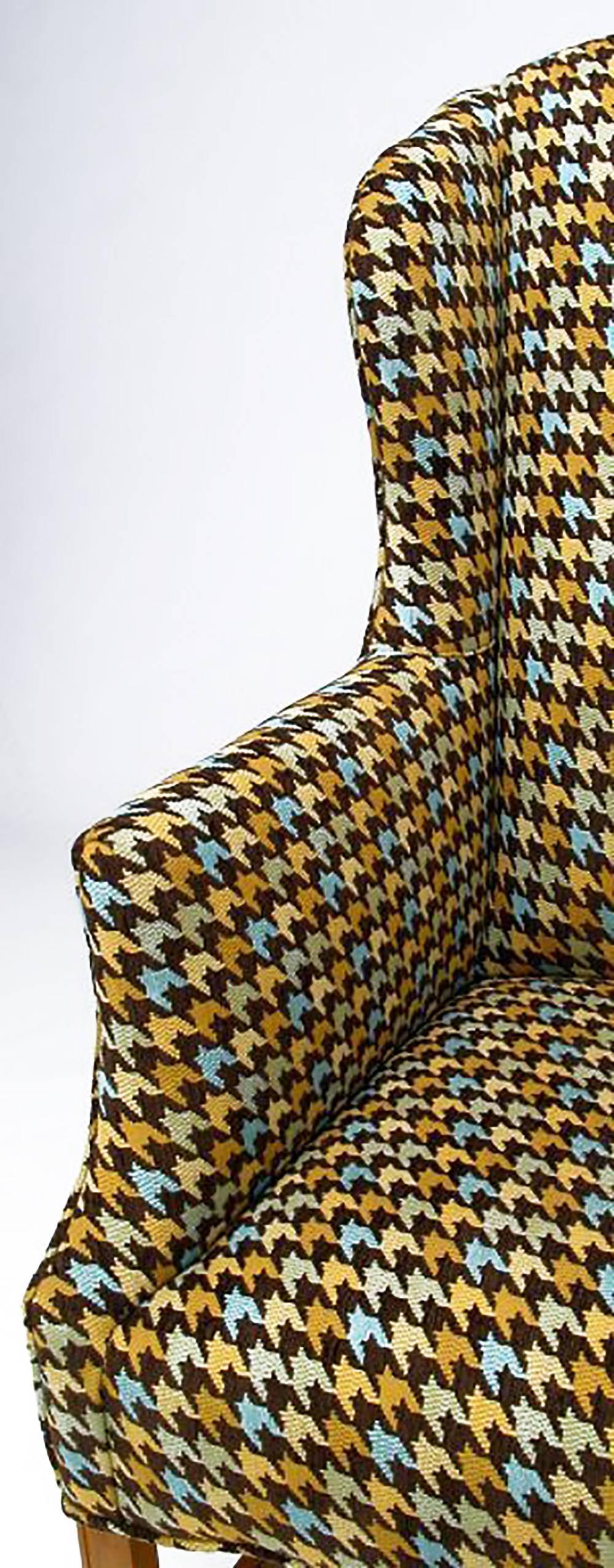 Maple Pair of 1940s Wing Chairs in Colorful Overscaled Houndstooth Wool