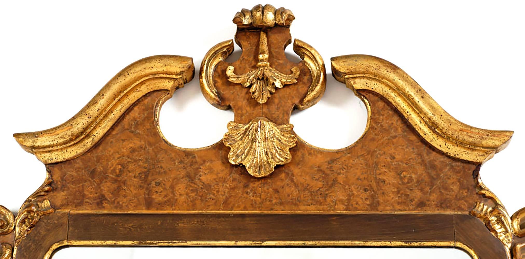 La Barge, Italian made Georgian style mirror with burled walnut inlay and gilt foliate detailing. A great revisit to the simple elegance of the traditional Georgian mirror of the 18th century.