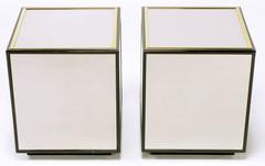 Pair of Henredon Black Lacquer and Brass Mirrored Cube Tables