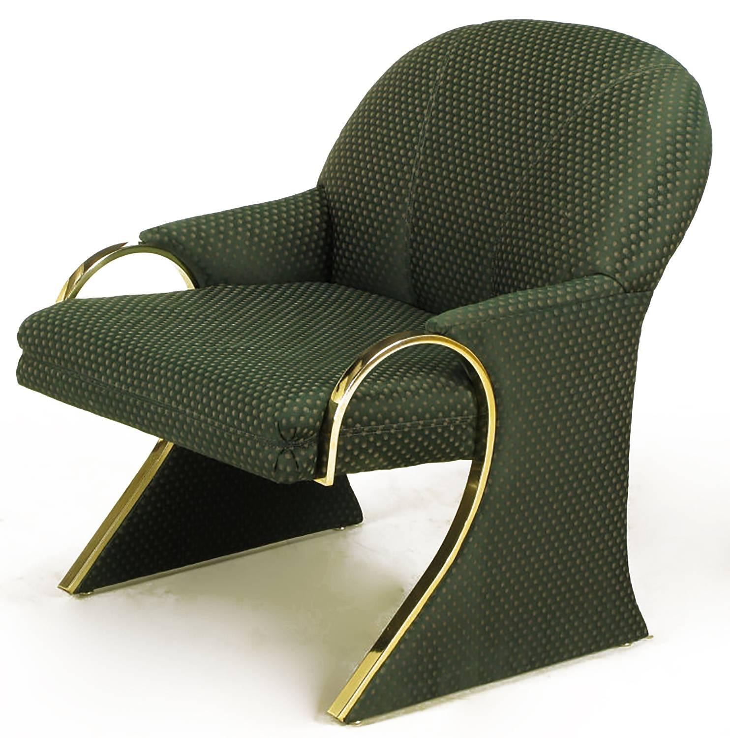 American Uncommon Brass and Upholstered Art Deco Revival Lounge Chairs