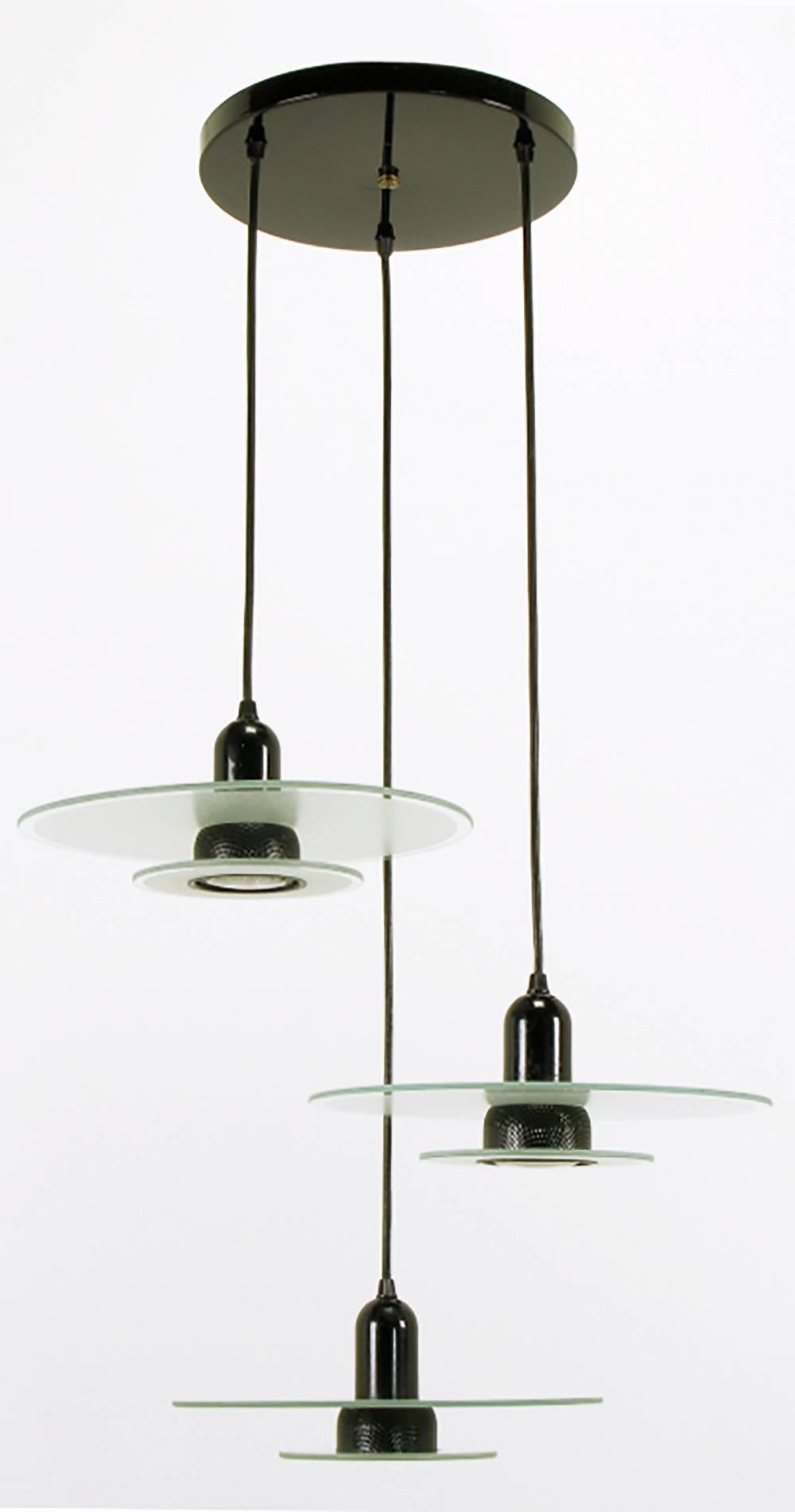 American Art Deco Revival Etched Glass and Black Enamel Three-Light Pendant For Sale