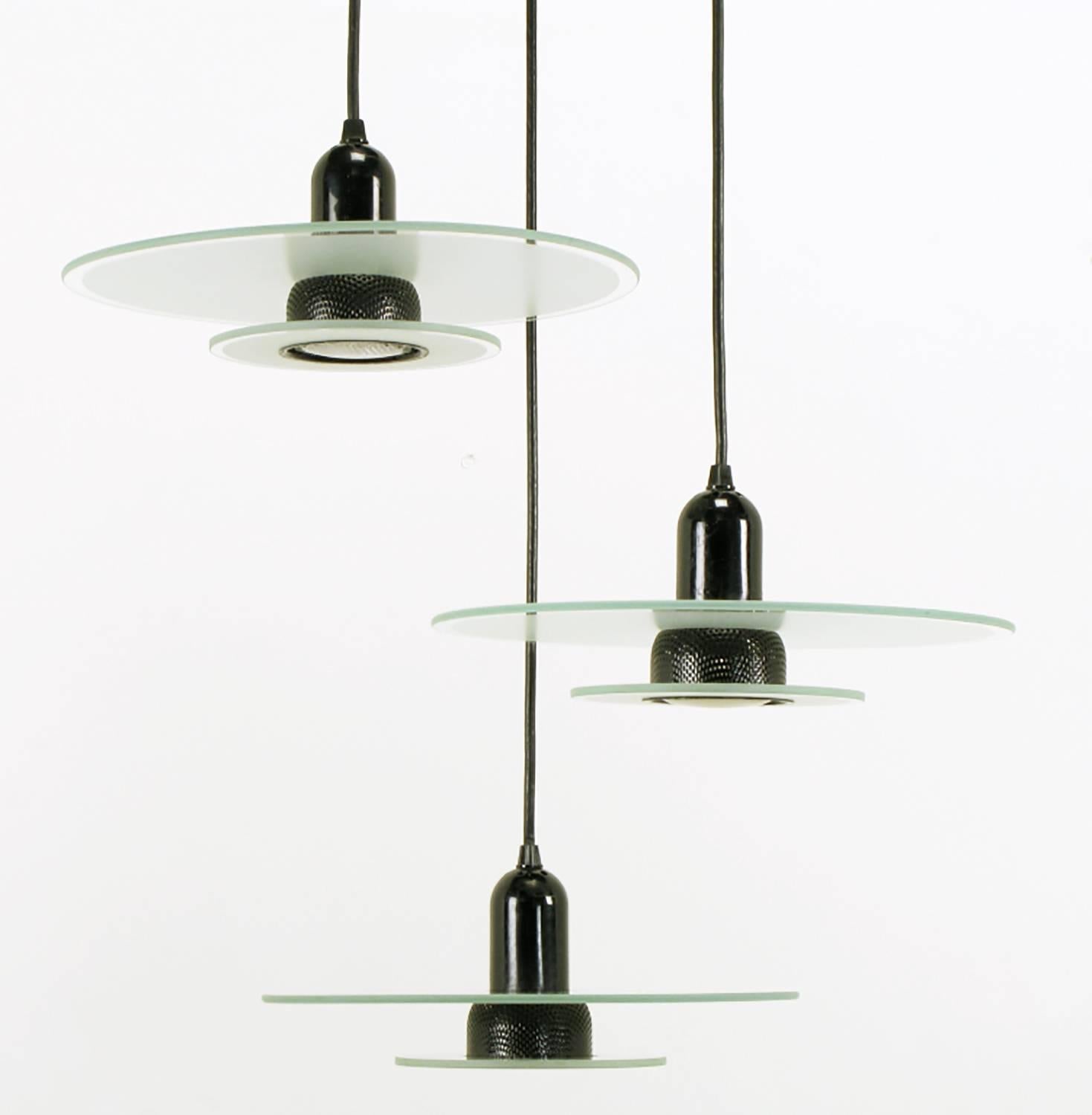 Late 20th Century Art Deco Revival Etched Glass and Black Enamel Three-Light Pendant For Sale