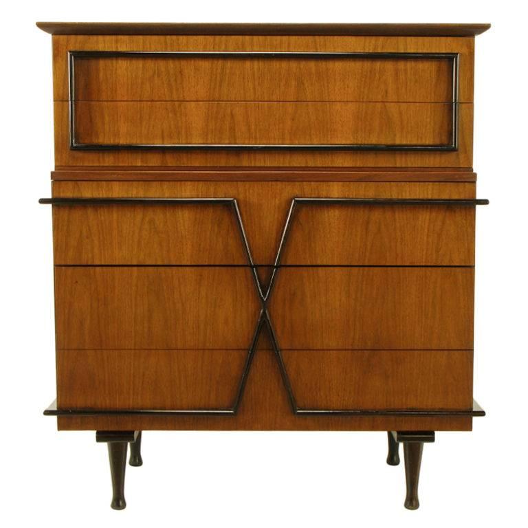 American of Martinsville Custom Walnut X-Front Tall Chest In Excellent Condition In Chicago, IL