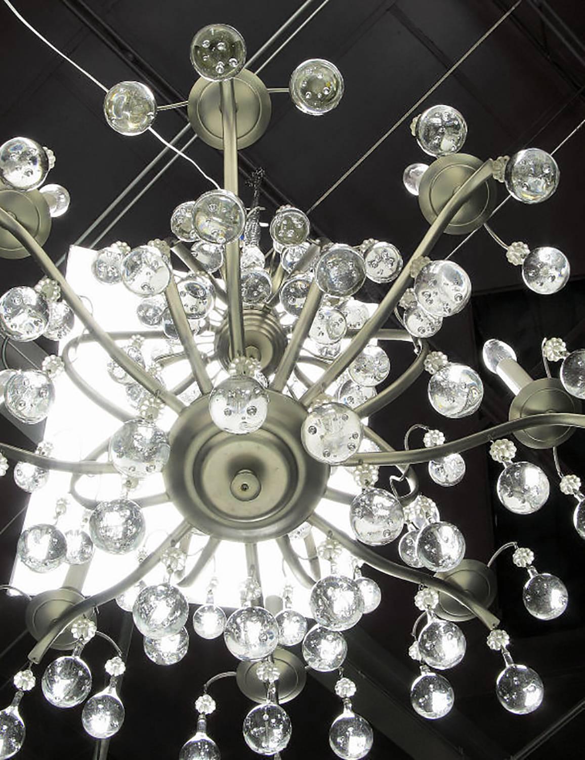 Brushed Nickel and Raindrop Bubble Crystals Eight-Arm Chandelier In Excellent Condition In Chicago, IL