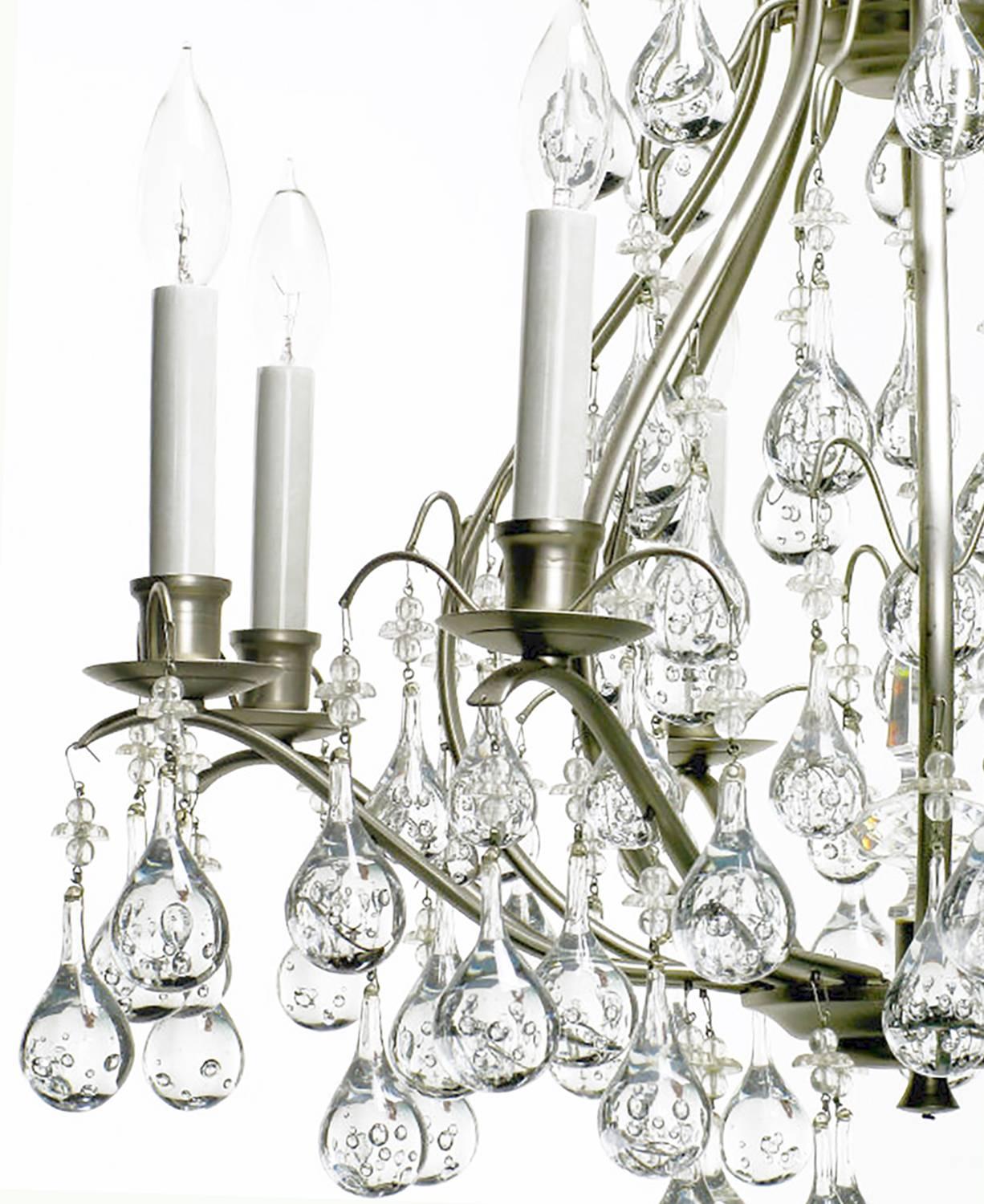 American Brushed Nickel and Raindrop Bubble Crystals Eight-Arm Chandelier
