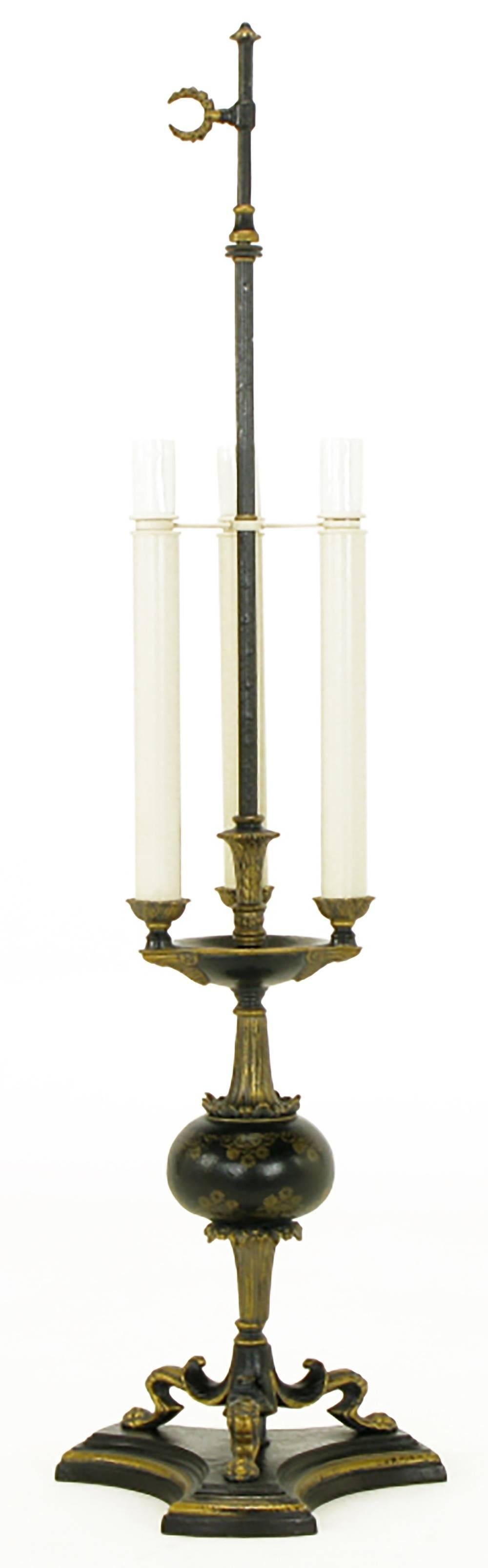 American Elegant Pair of Empire Table Lamps in Black Lacquer and Gold Leaf